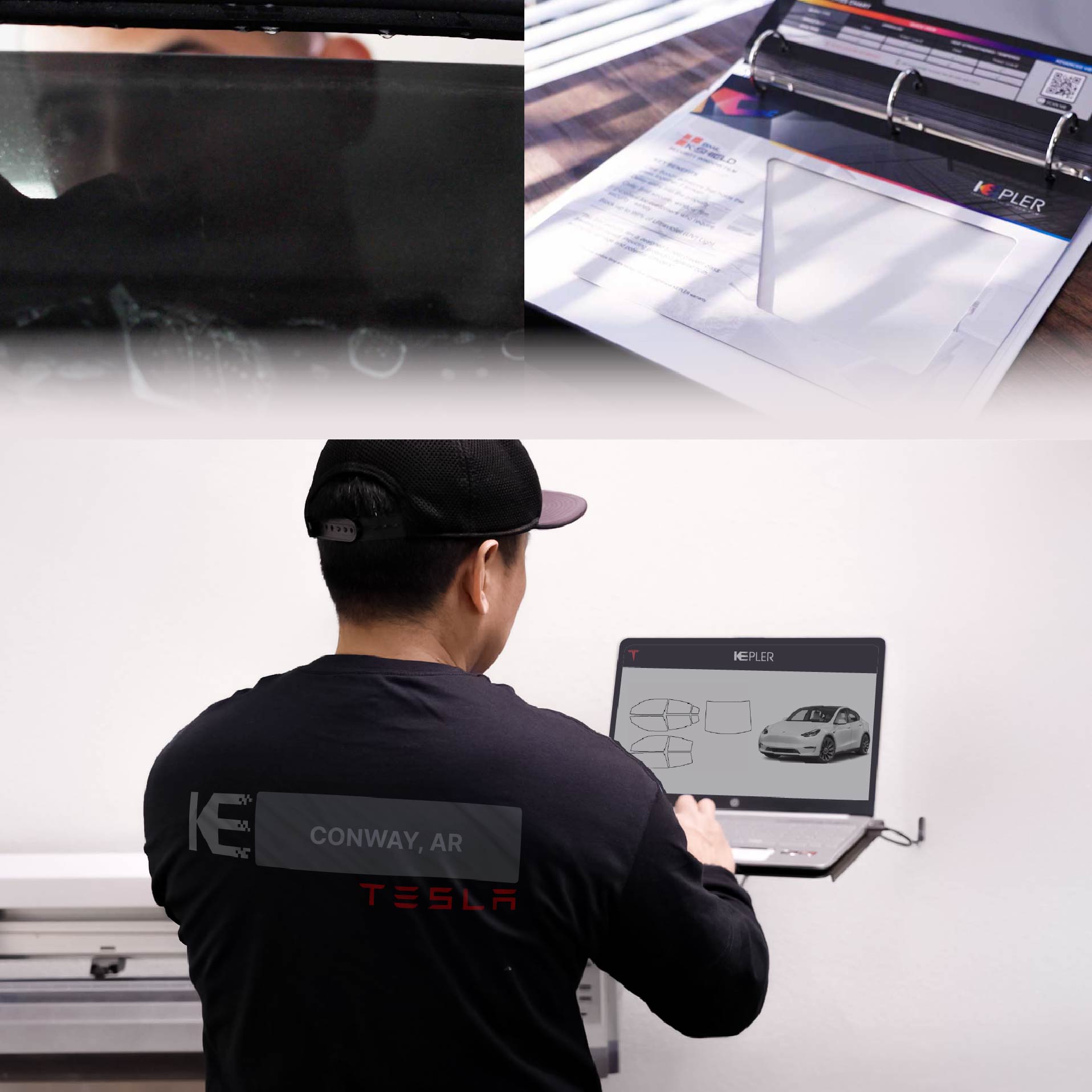 Kepler Technician Installing Ceramic Window Tint to Tesla in Conway