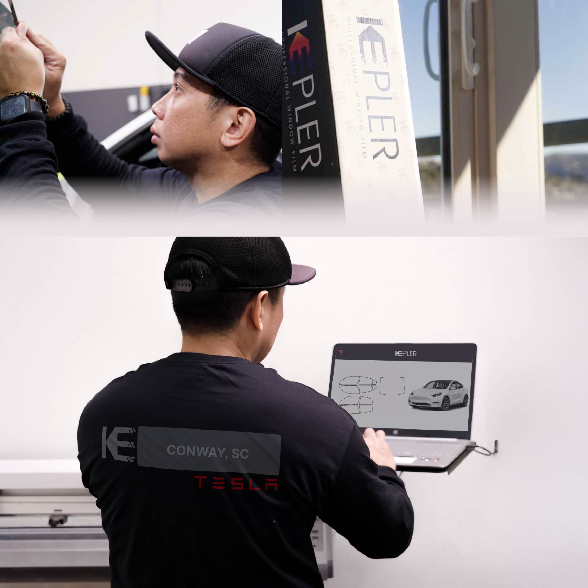 Kepler Technician Installing High-tech Window Tint to Tesla in Conway