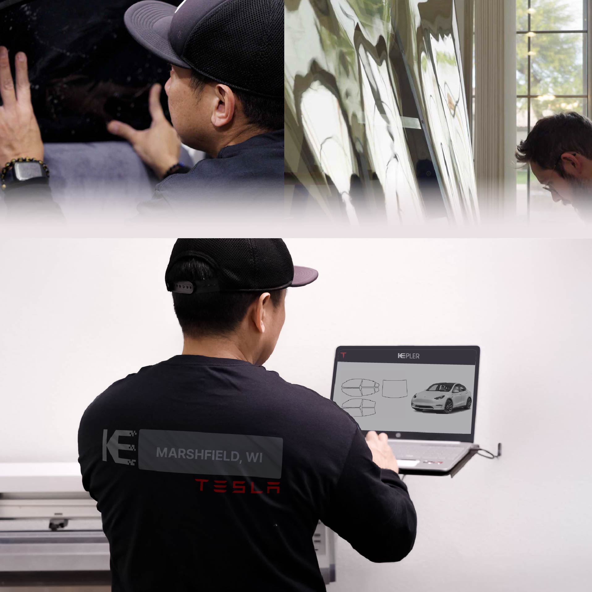 Expert Technician Applying High-tech Window Tint to Tesla in Marshfield