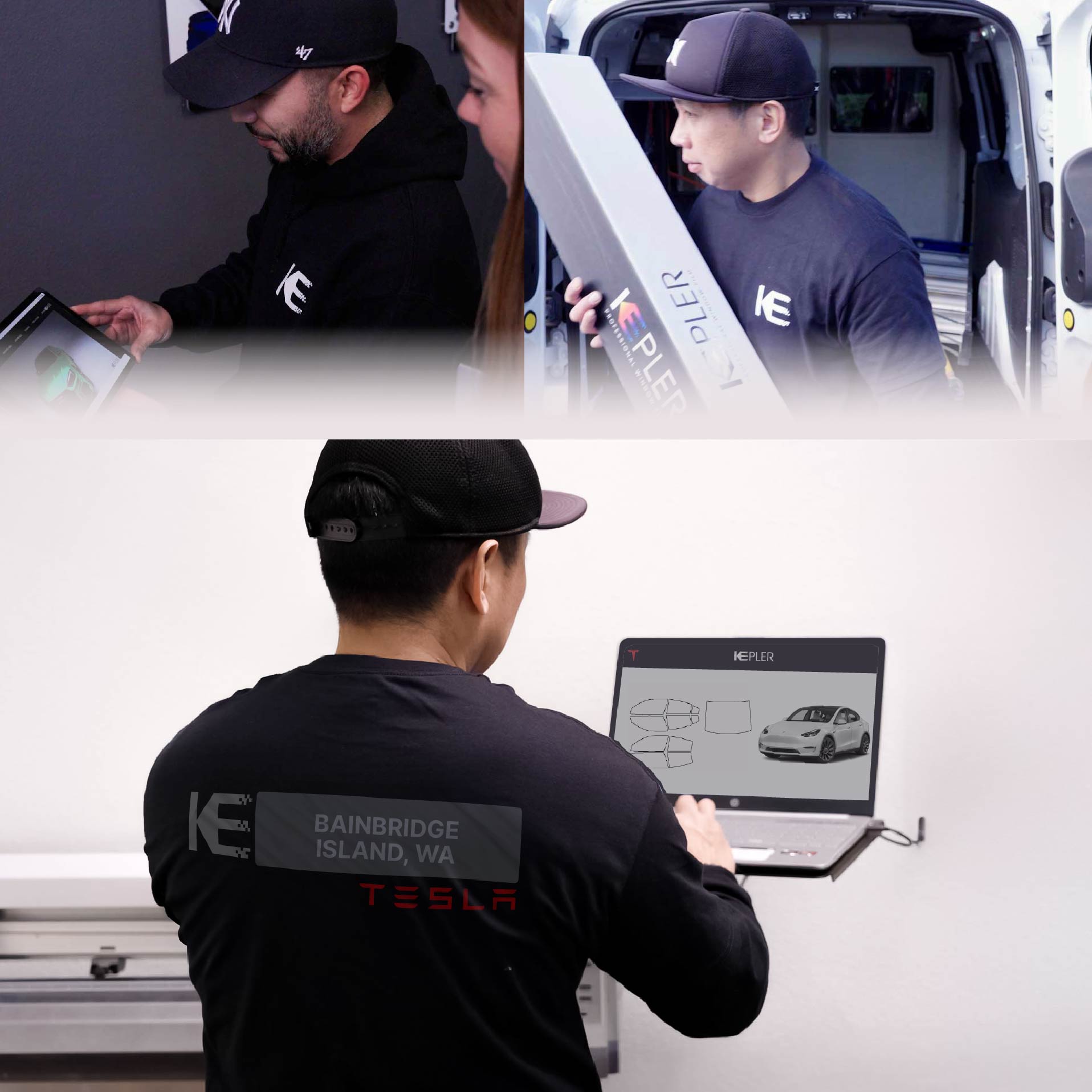 Expert Technician Applying Advanced Window Tint to Tesla in Bainbridge Island