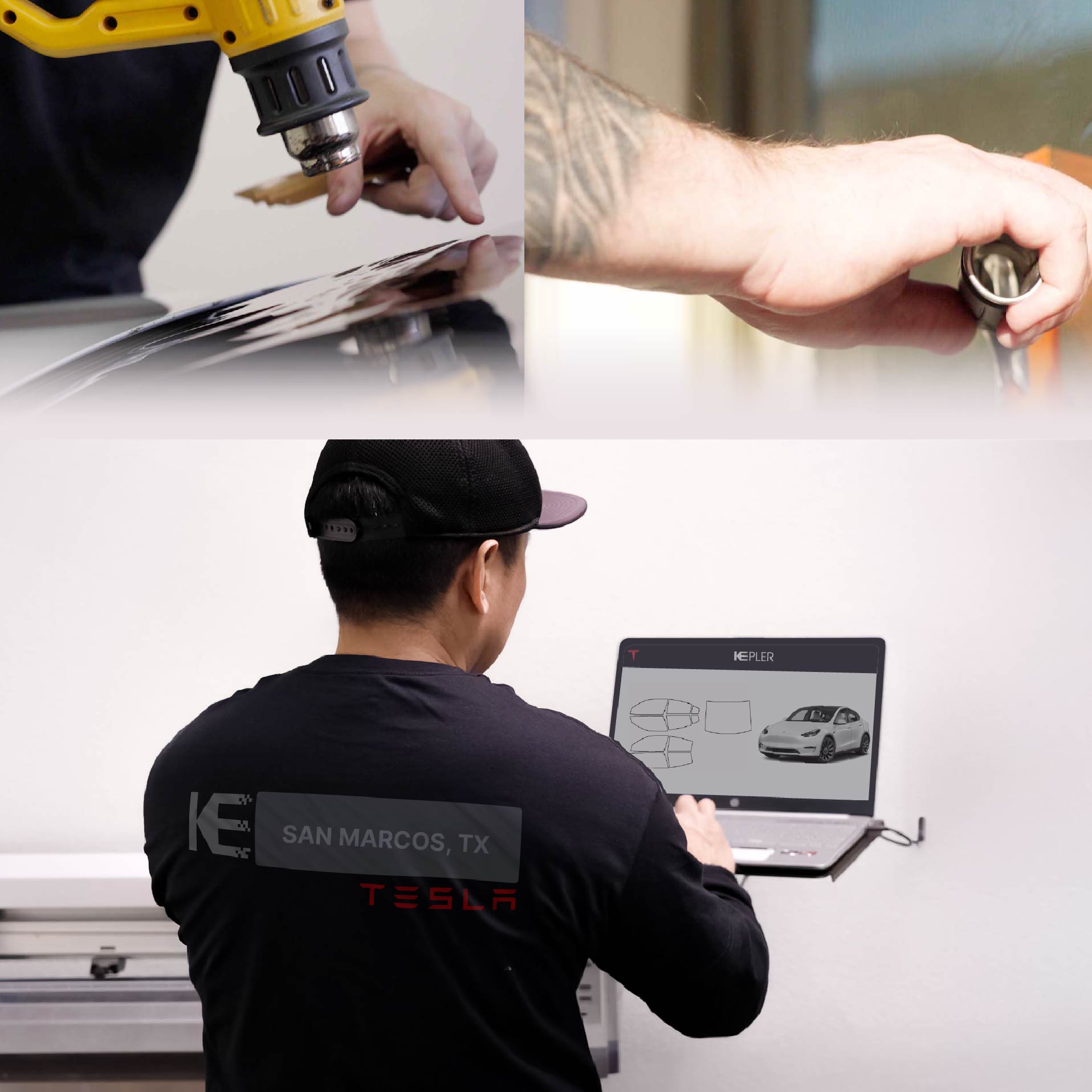 Kepler Technician Installing High-tech Window Tint to Tesla in San Marcos
