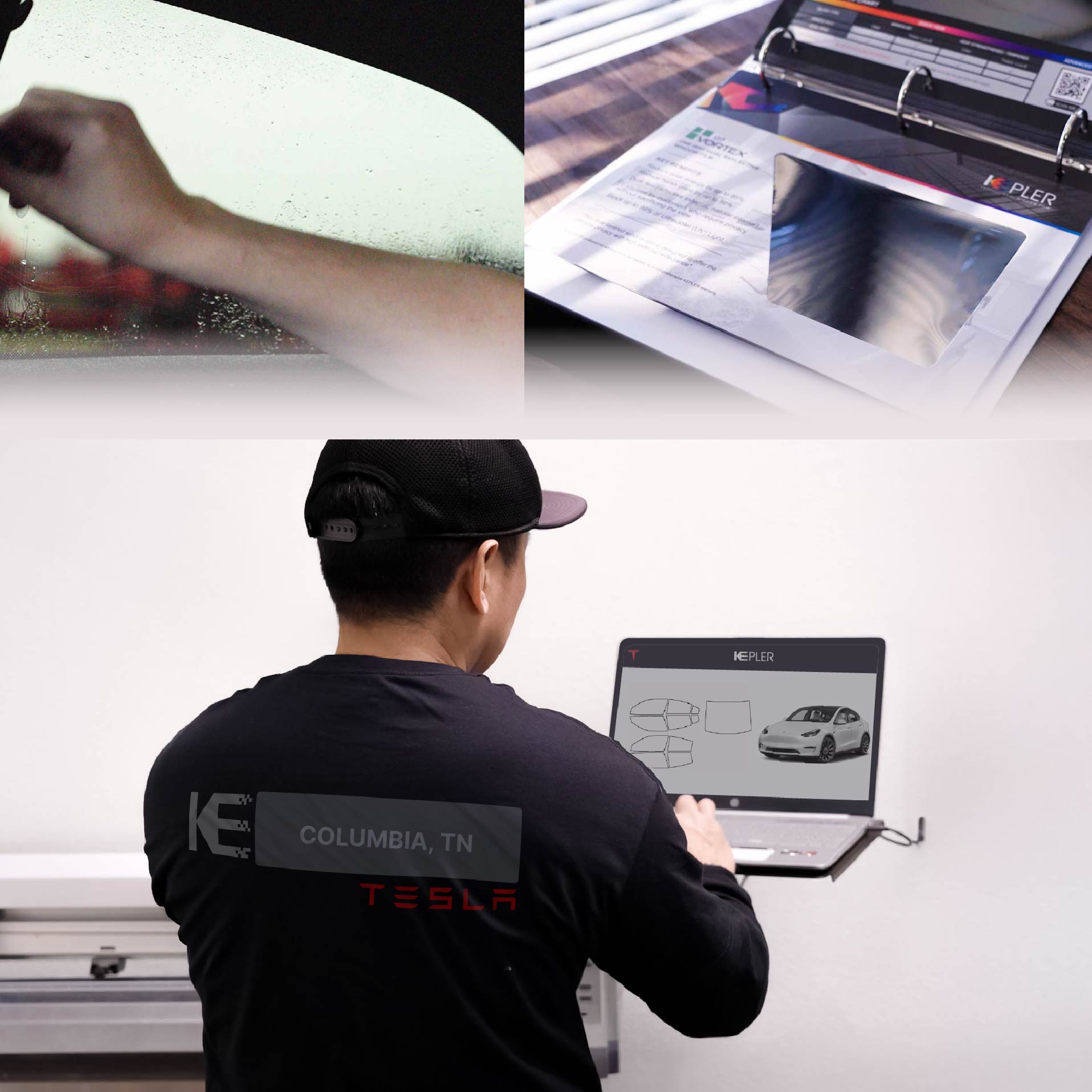Expert Technician Fitting Advanced Window Tint to Tesla in Columbia