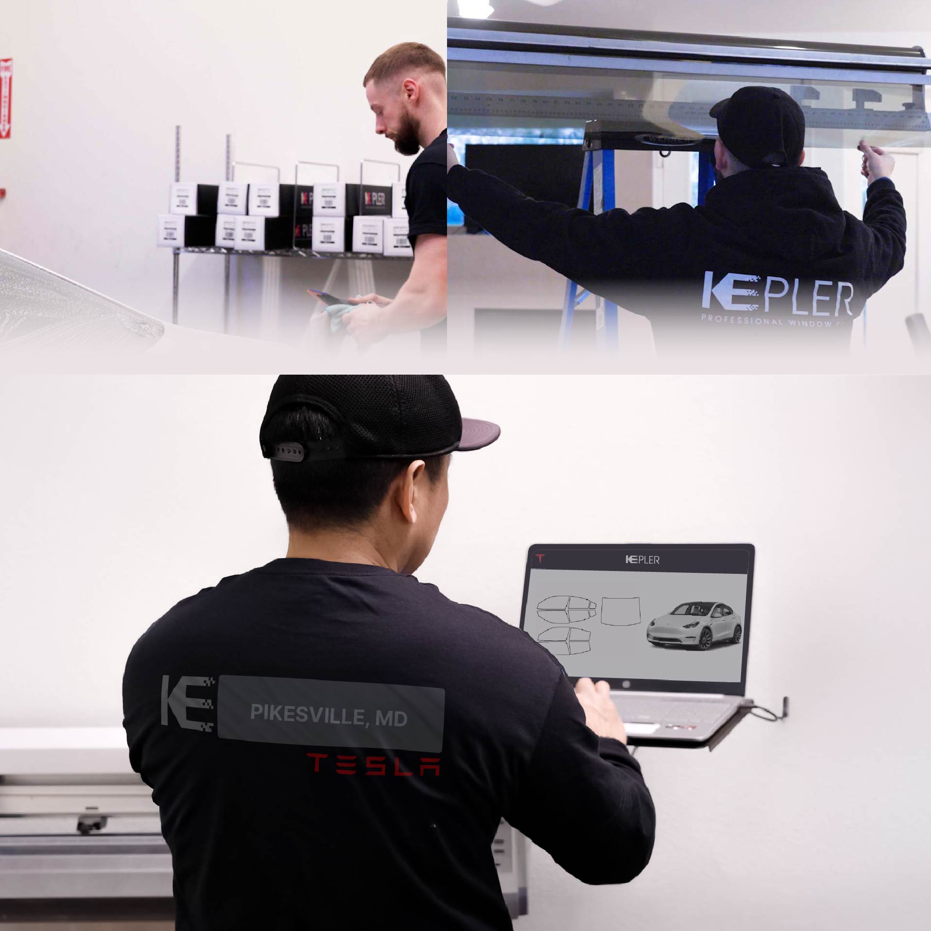 Expert Technician Fitting Ceramic Window Tint to Tesla in Pikesville