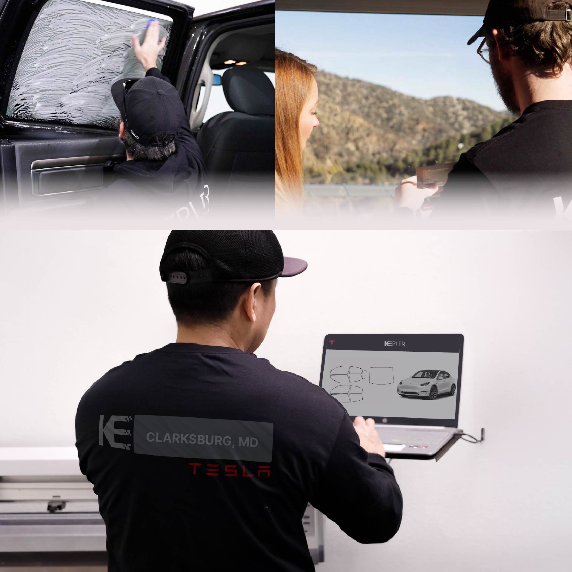 Expert Technician Installing Advanced Window Tint to Tesla in Clarksburg