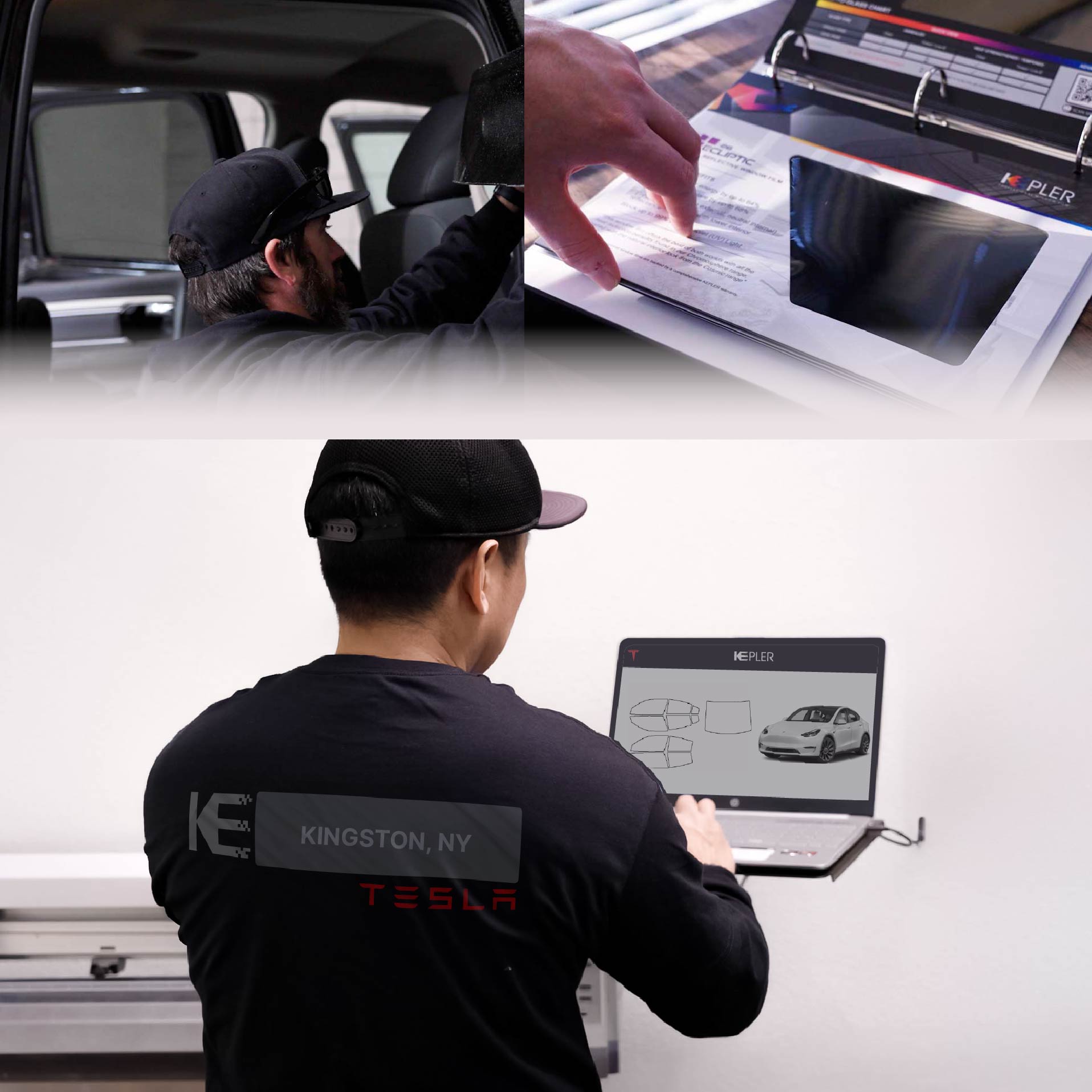Expert Technician Fitting Advanced Window Tint to Tesla in Kingston
