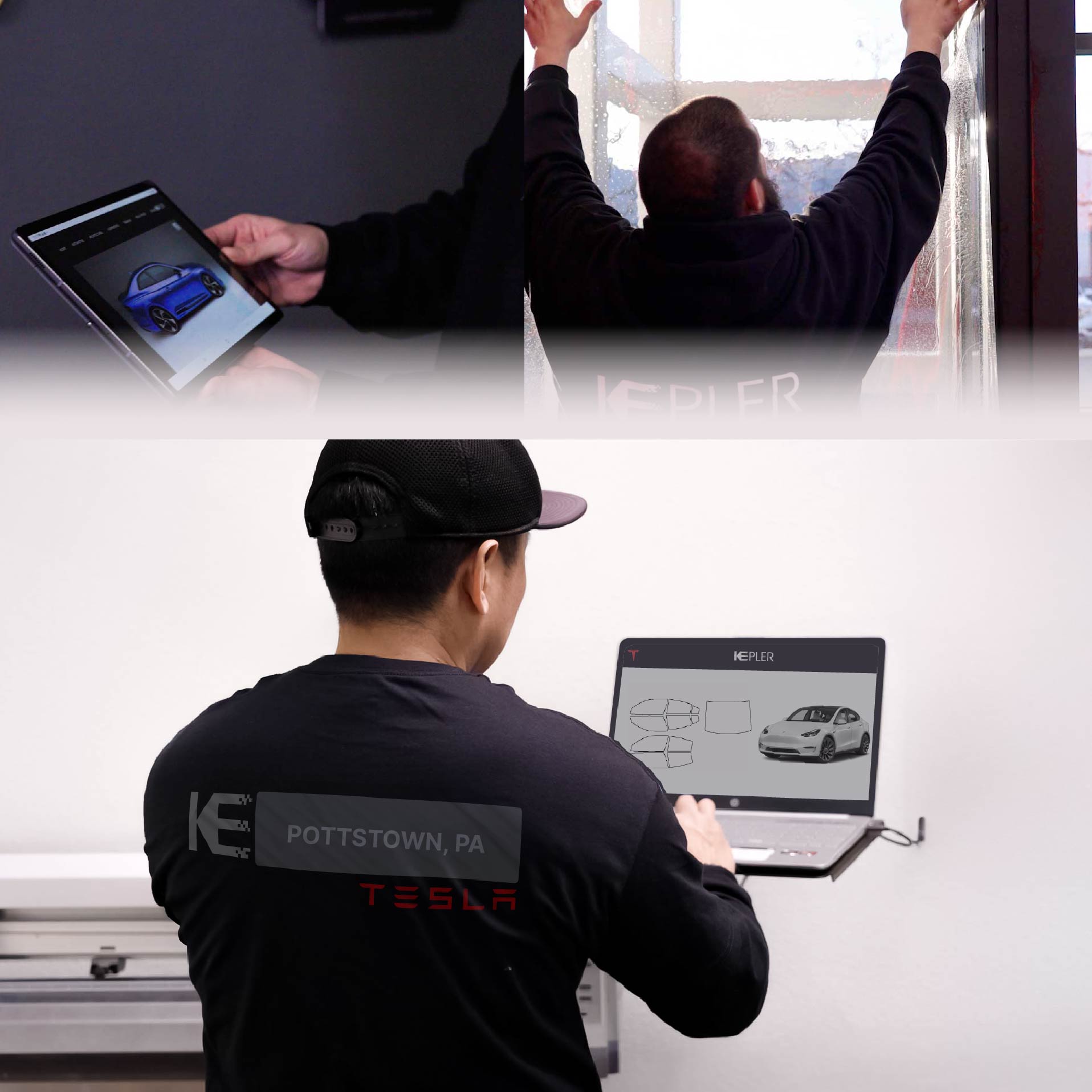 Kepler Technician Installing Ceramic Window Tint to Tesla in Pottstown