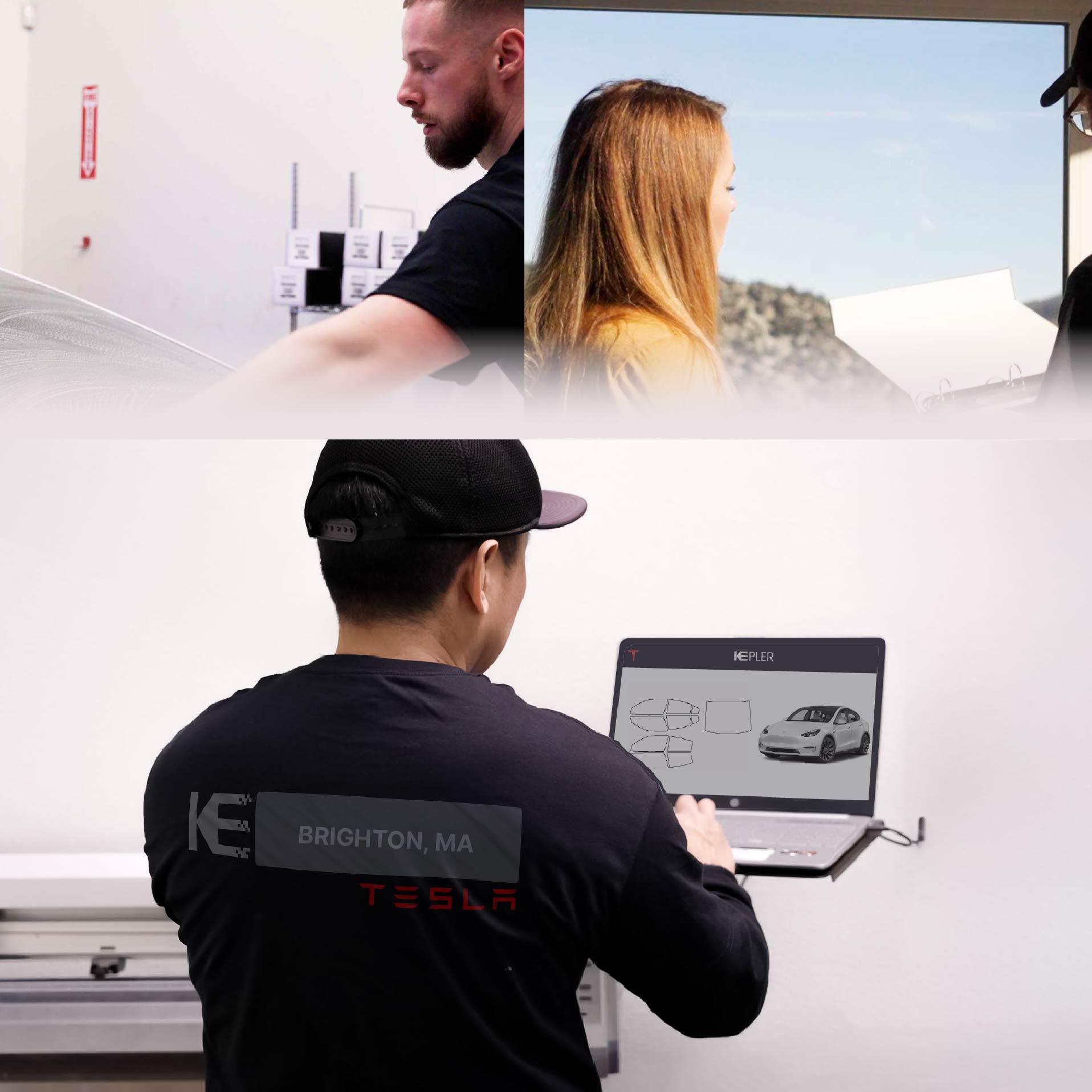 Expert Technician Fitting Advanced Window Tint to Tesla in Brighton
