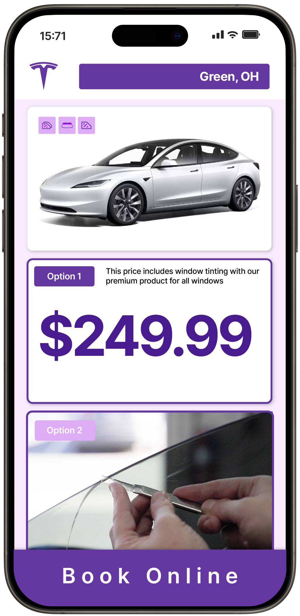 View Reasonable Tesla Window Tinting Rates in Green, Ohio