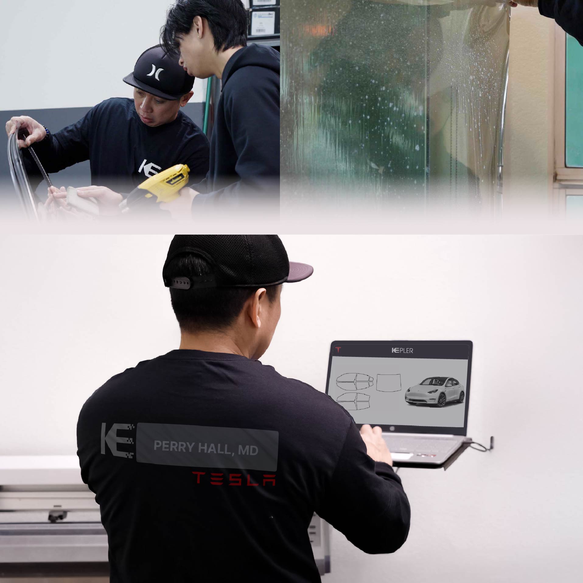 Expert Technician Applying Ceramic Window Tint to Tesla in Perry Hall