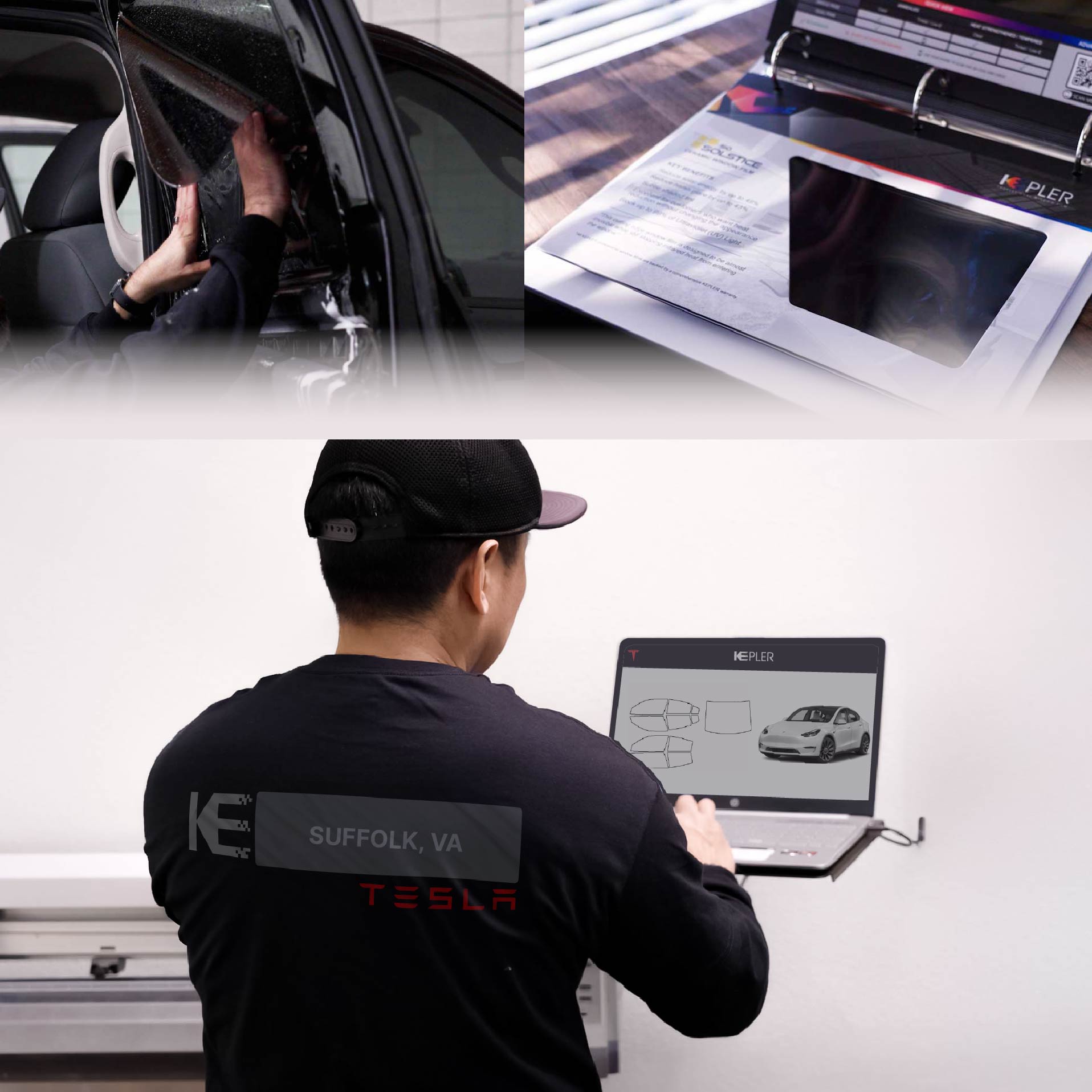 Expert Technician Installing High-tech Window Tint to Tesla in Suffolk