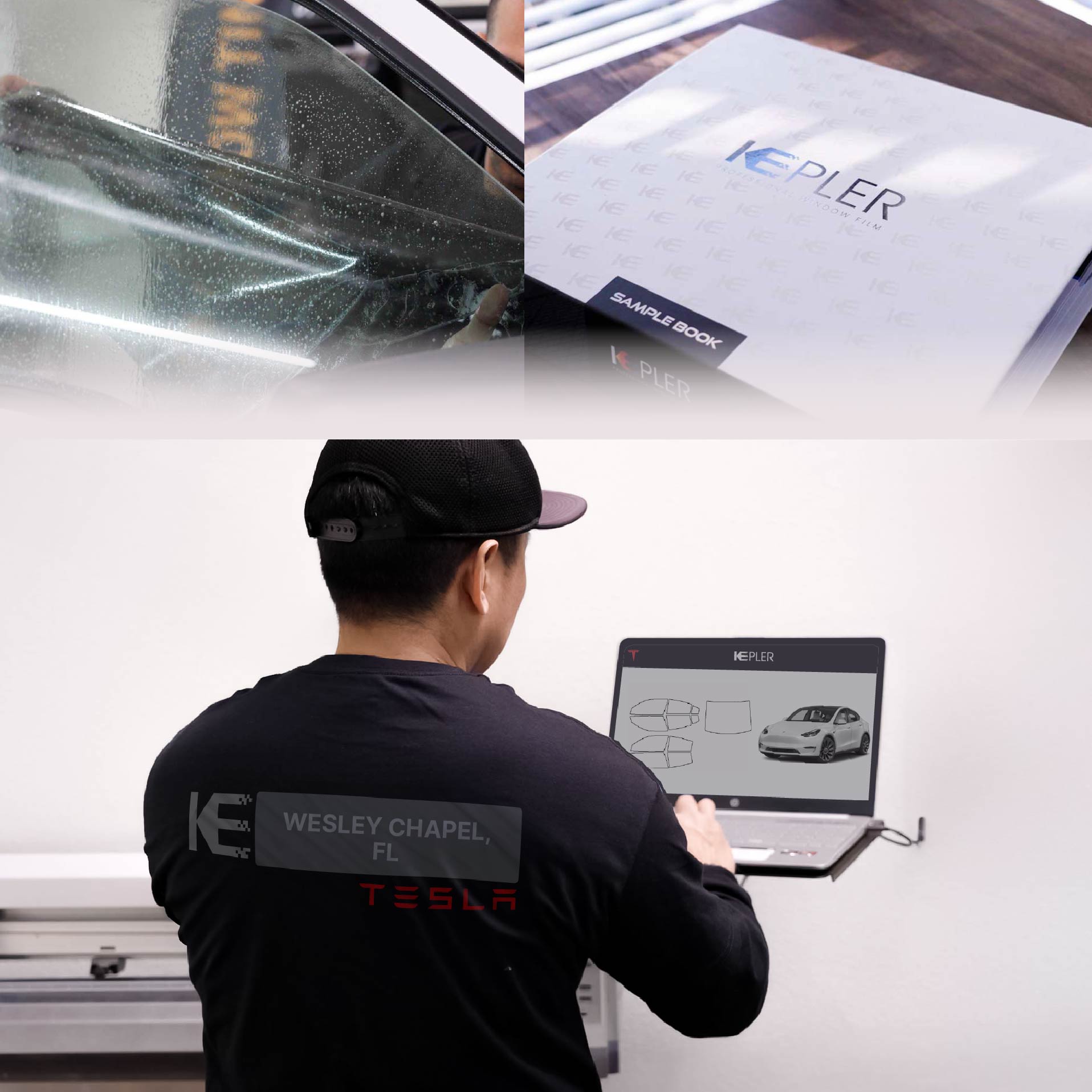Expert Technician Applying Advanced Window Tint to Tesla in Wesley Chapel