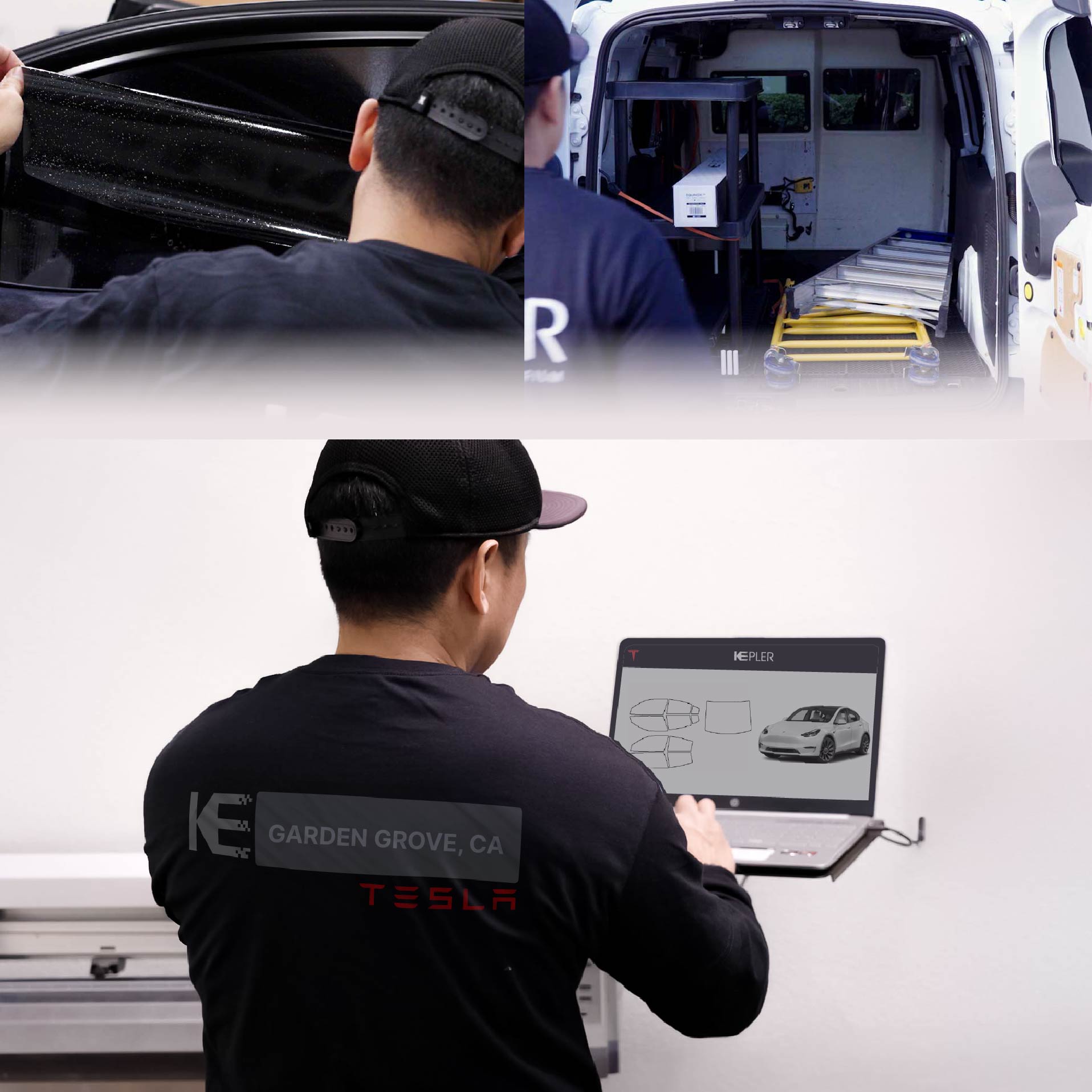 Kepler Technician Fitting Ceramic Window Tint to Tesla in Garden Grove