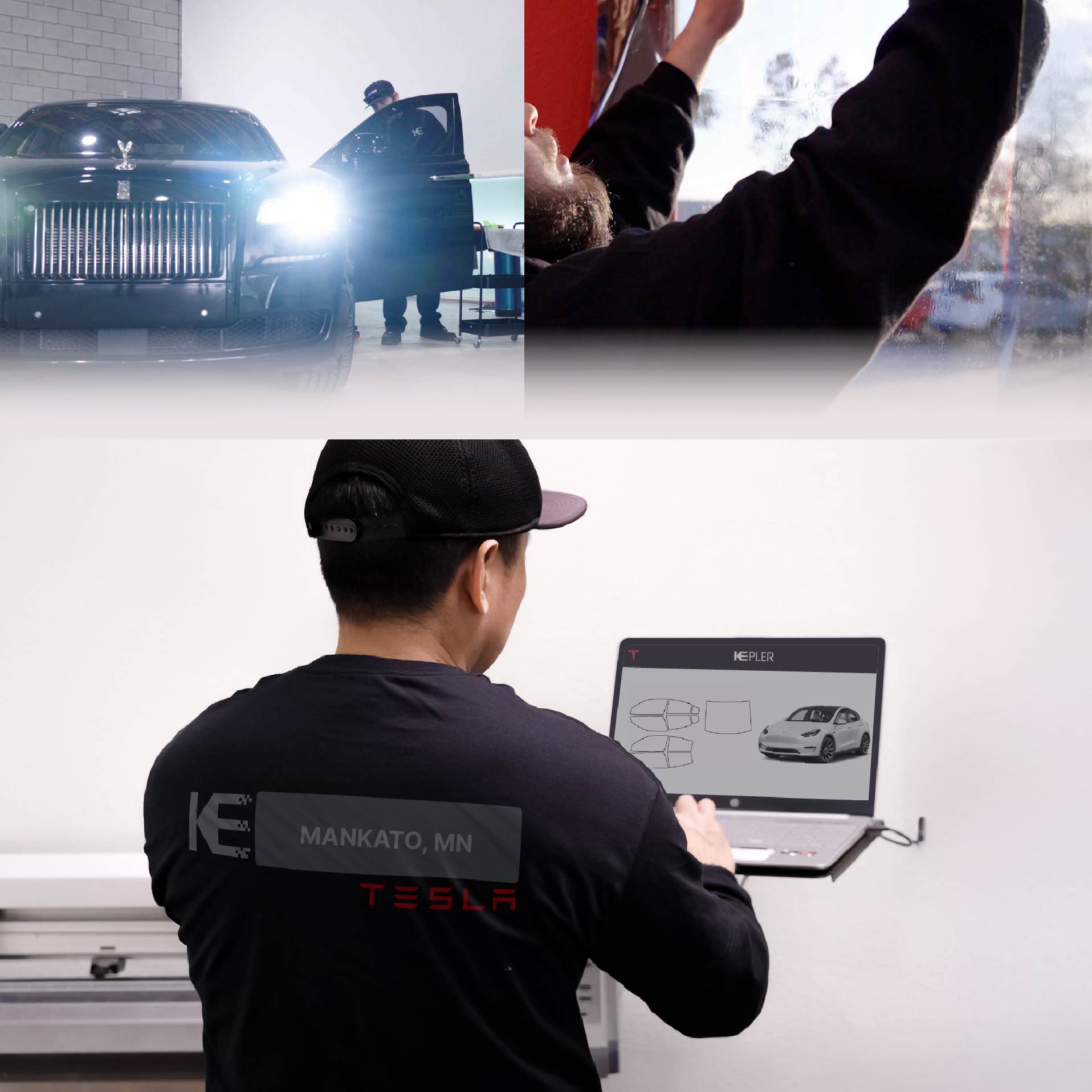Expert Technician Installing Ceramic Window Tint to Tesla in Mankato