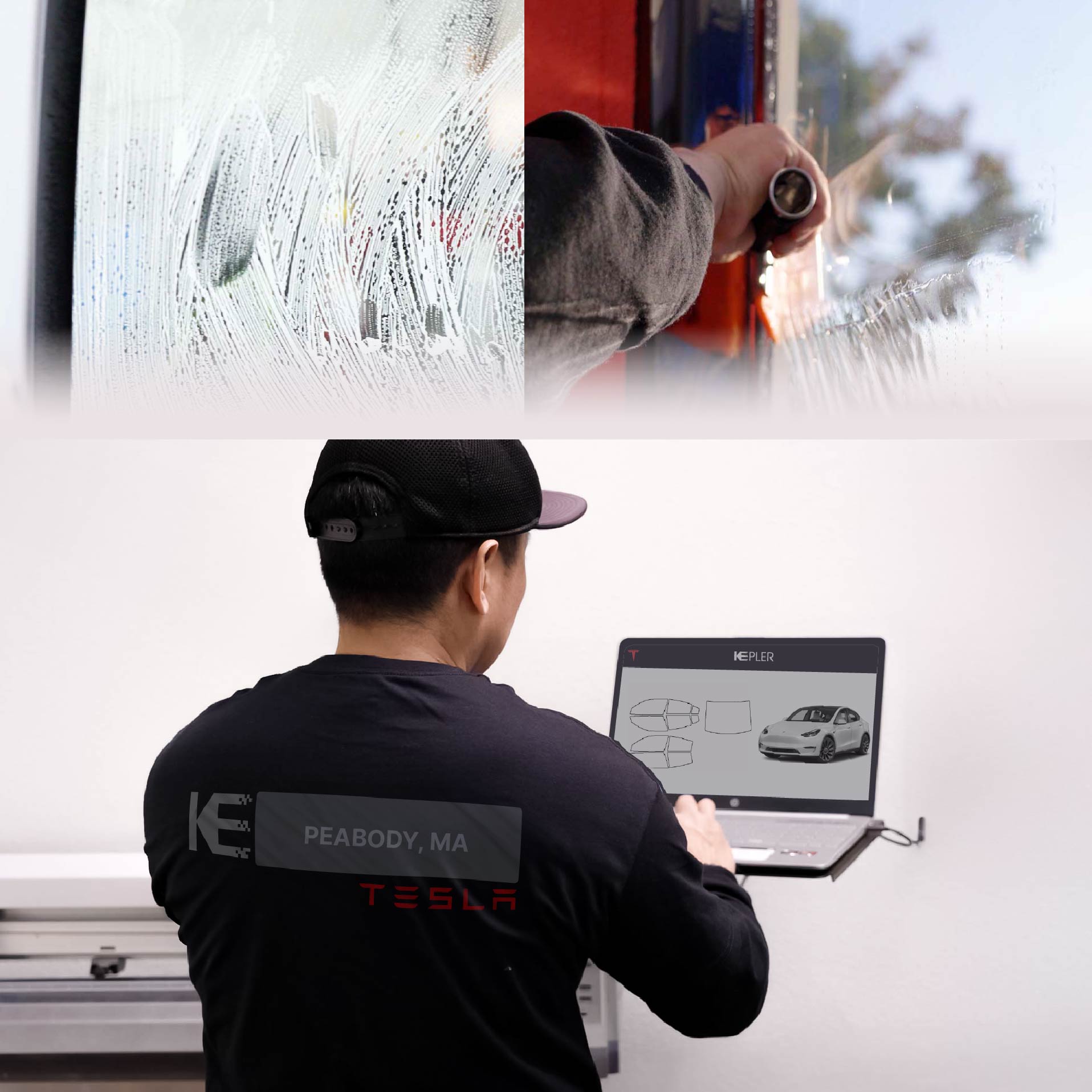 Expert Technician Applying Advanced Window Tint to Tesla in Peabody