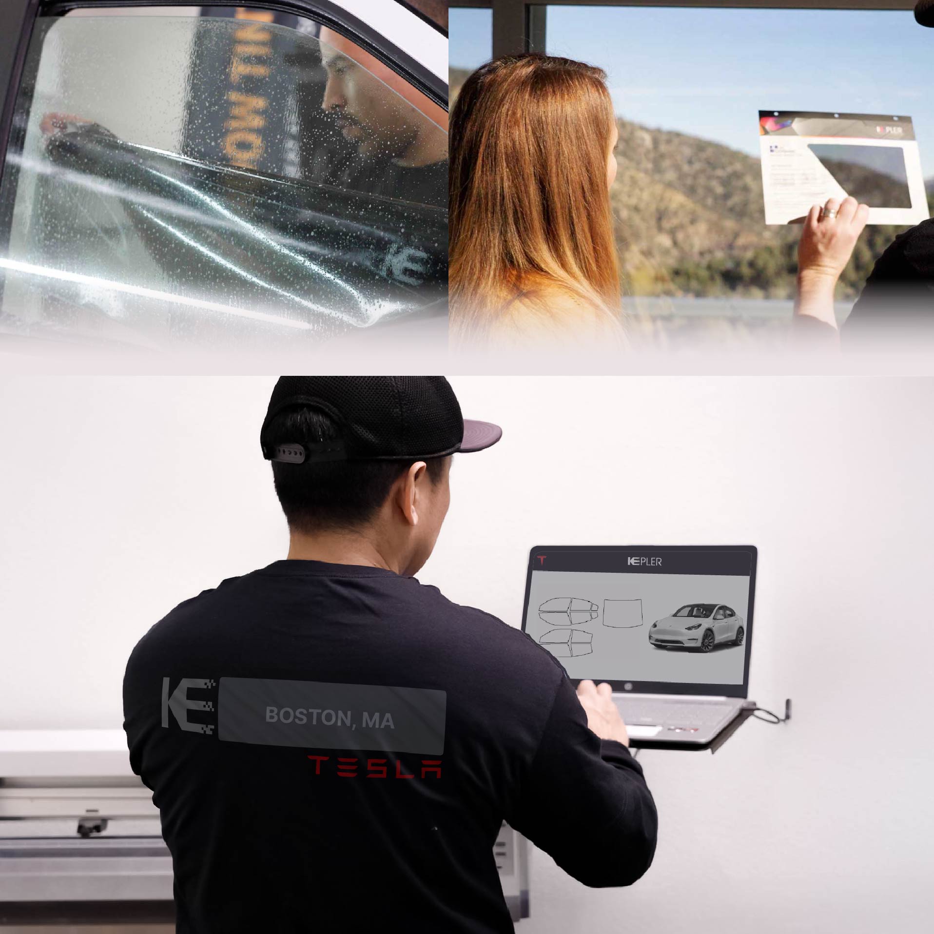 Kepler Technician Installing Ceramic Window Tint to Tesla in Boston