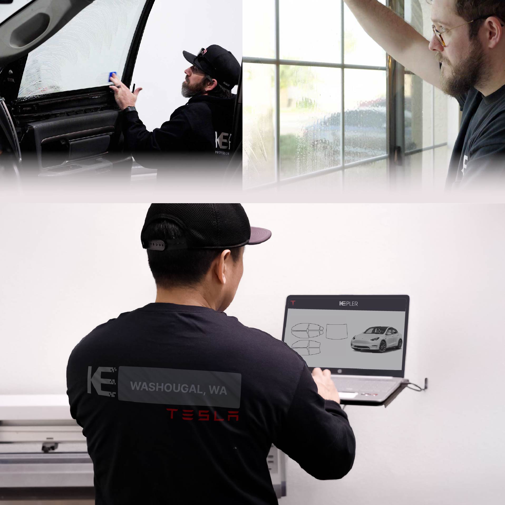 Kepler Technician Fitting Ceramic Window Tint to Tesla in Washougal