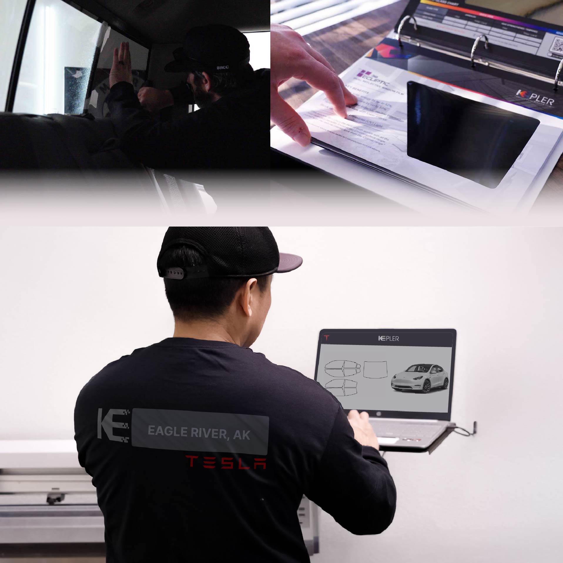 Expert Technician Applying Ceramic Window Tint to Tesla in Eagle River