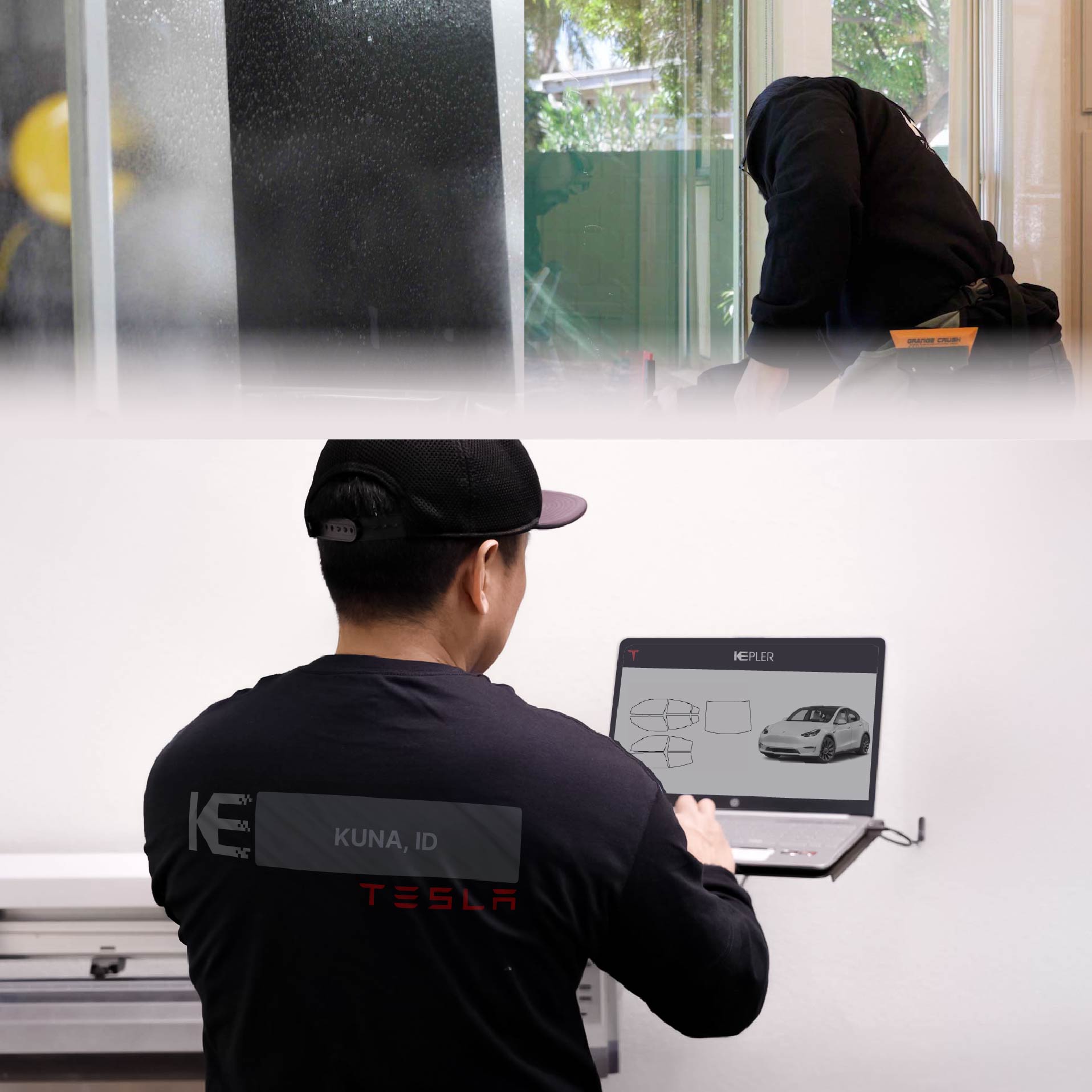 Expert Technician Fitting Advanced Window Tint to Tesla in Kuna
