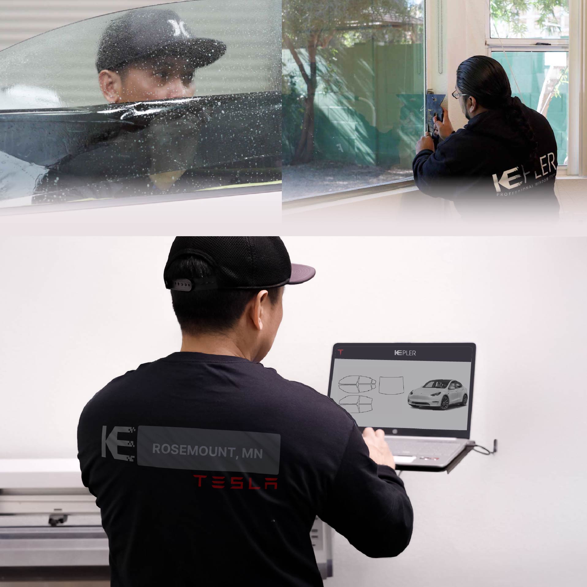 Kepler Technician Installing High-tech Window Tint to Tesla in Rosemount