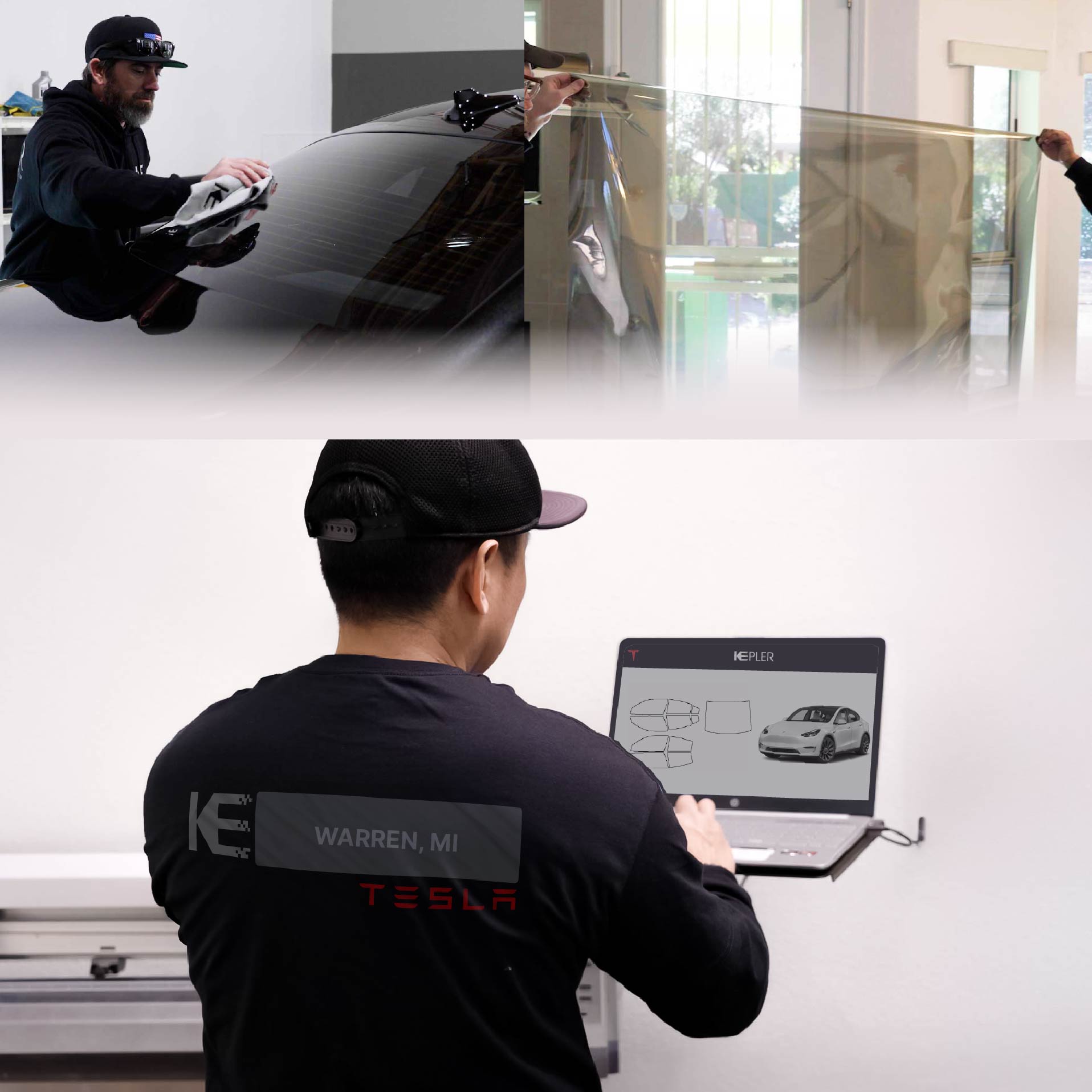 Expert Technician Applying High-tech Window Tint to Tesla in Warren