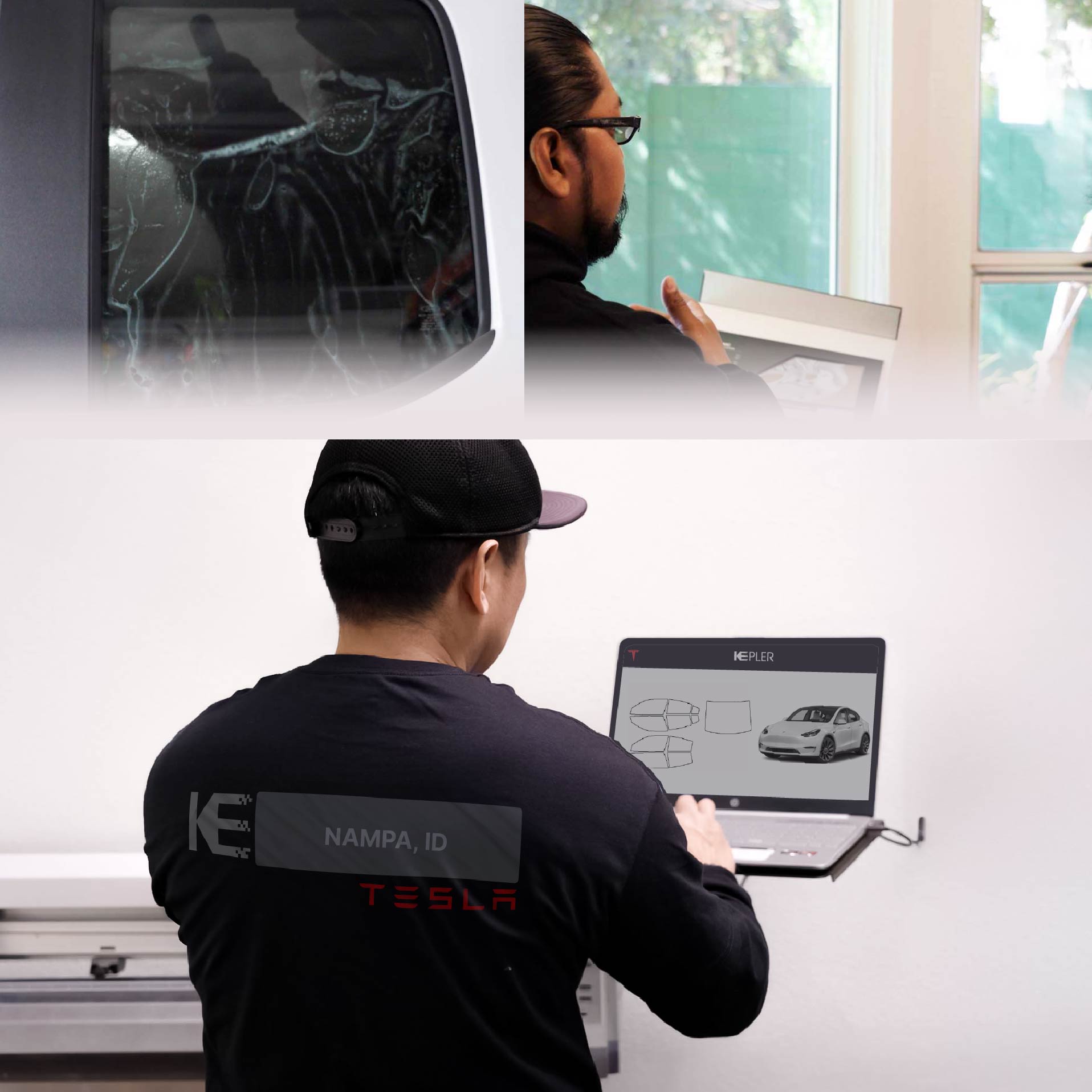 Expert Technician Applying Ceramic Window Tint to Tesla in Nampa