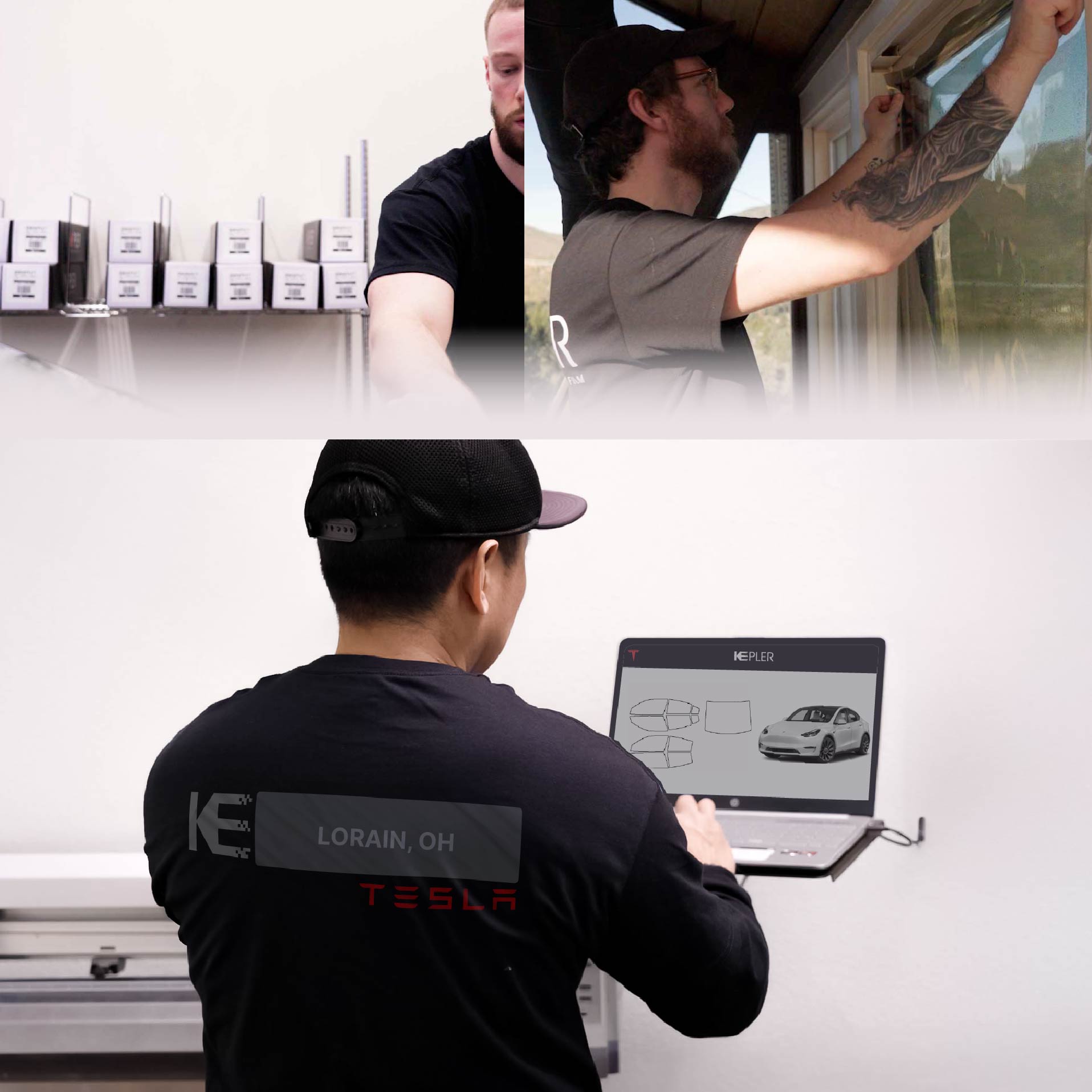Kepler Technician Applying High-tech Window Tint to Tesla in Lorain