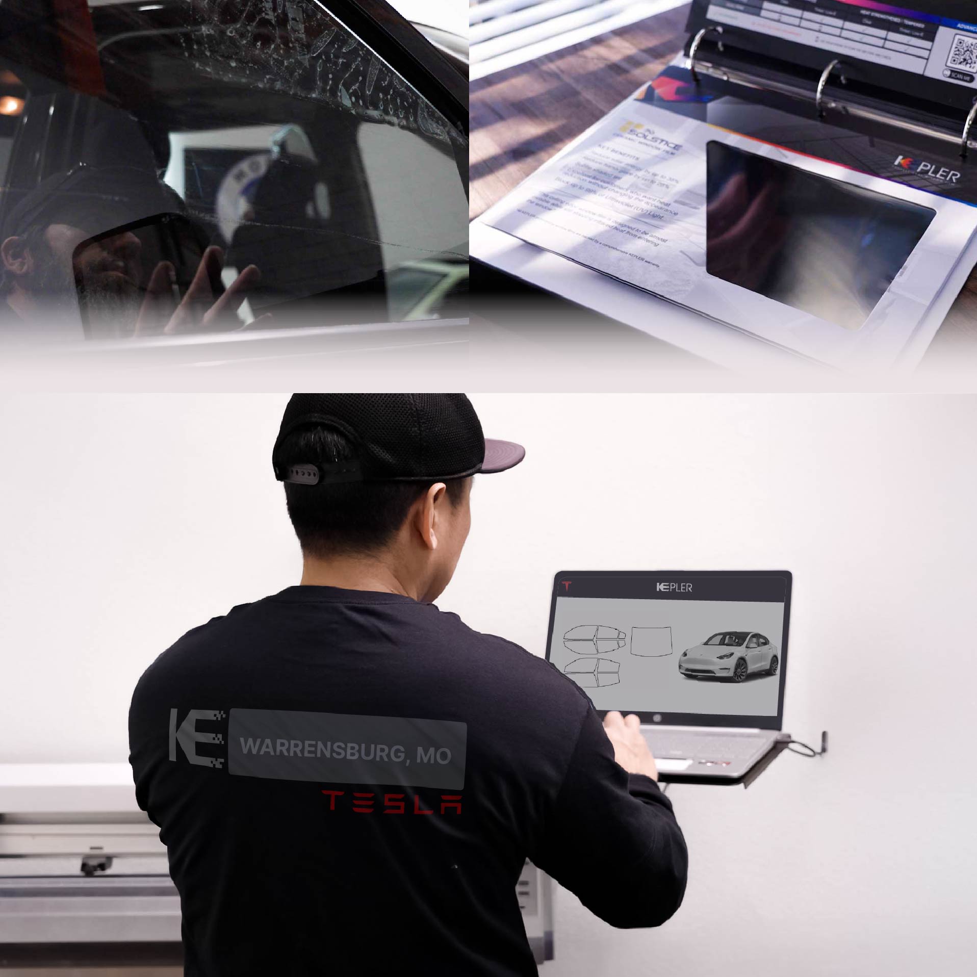 Expert Technician Fitting Ceramic Window Tint to Tesla in Warrensburg
