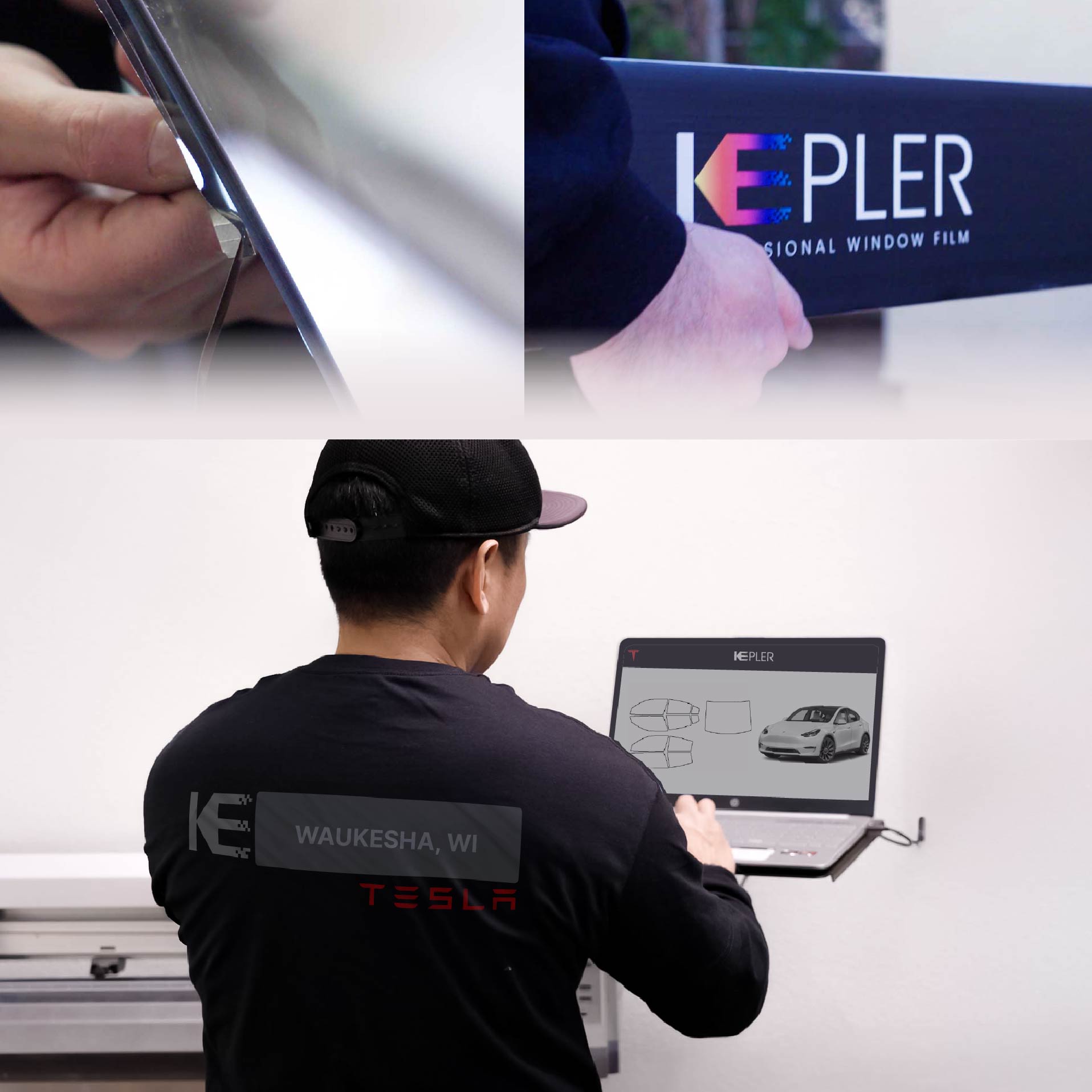 Expert Technician Applying Ceramic Window Tint to Tesla in Waukesha