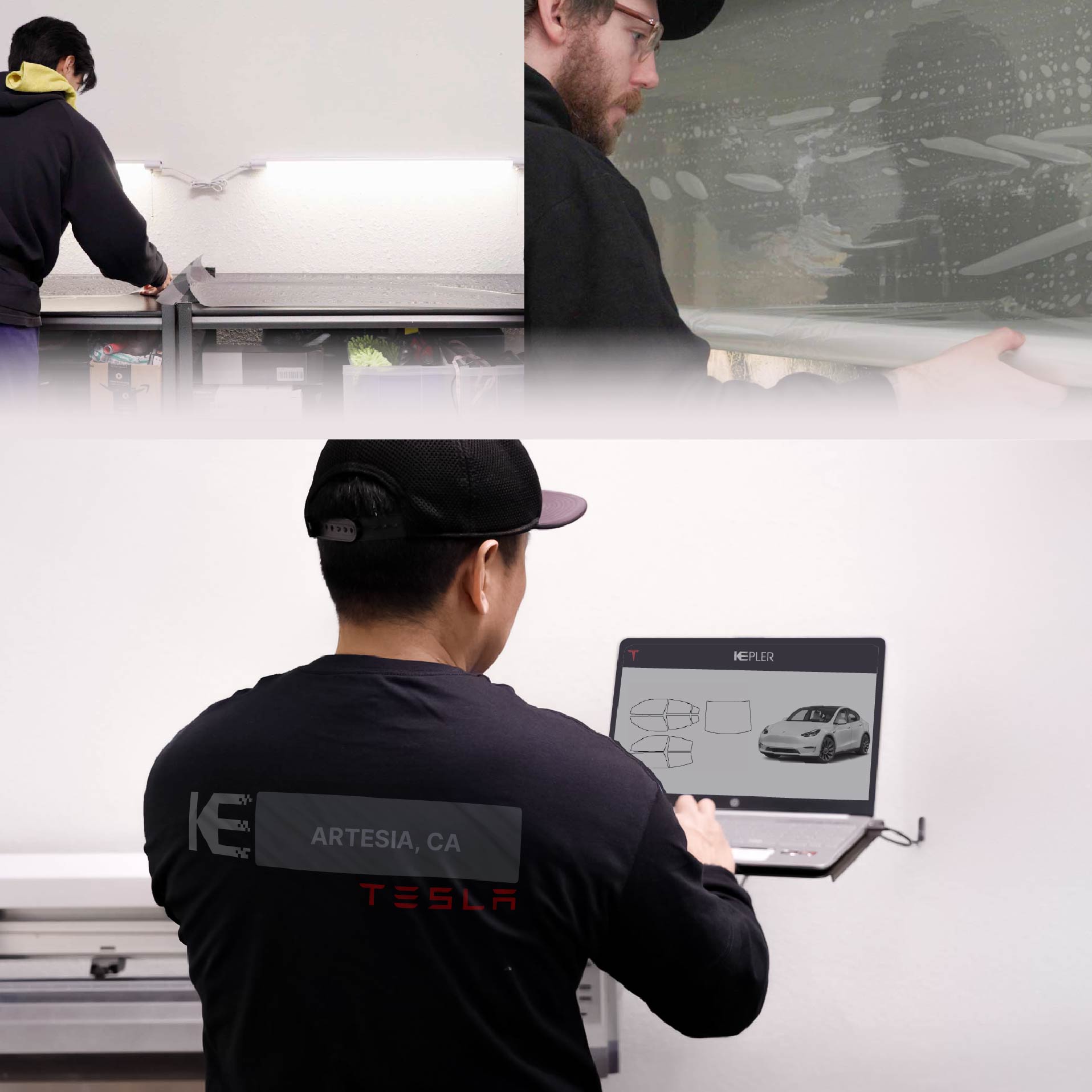 Expert Technician Fitting Ceramic Window Tint to Tesla in Artesia