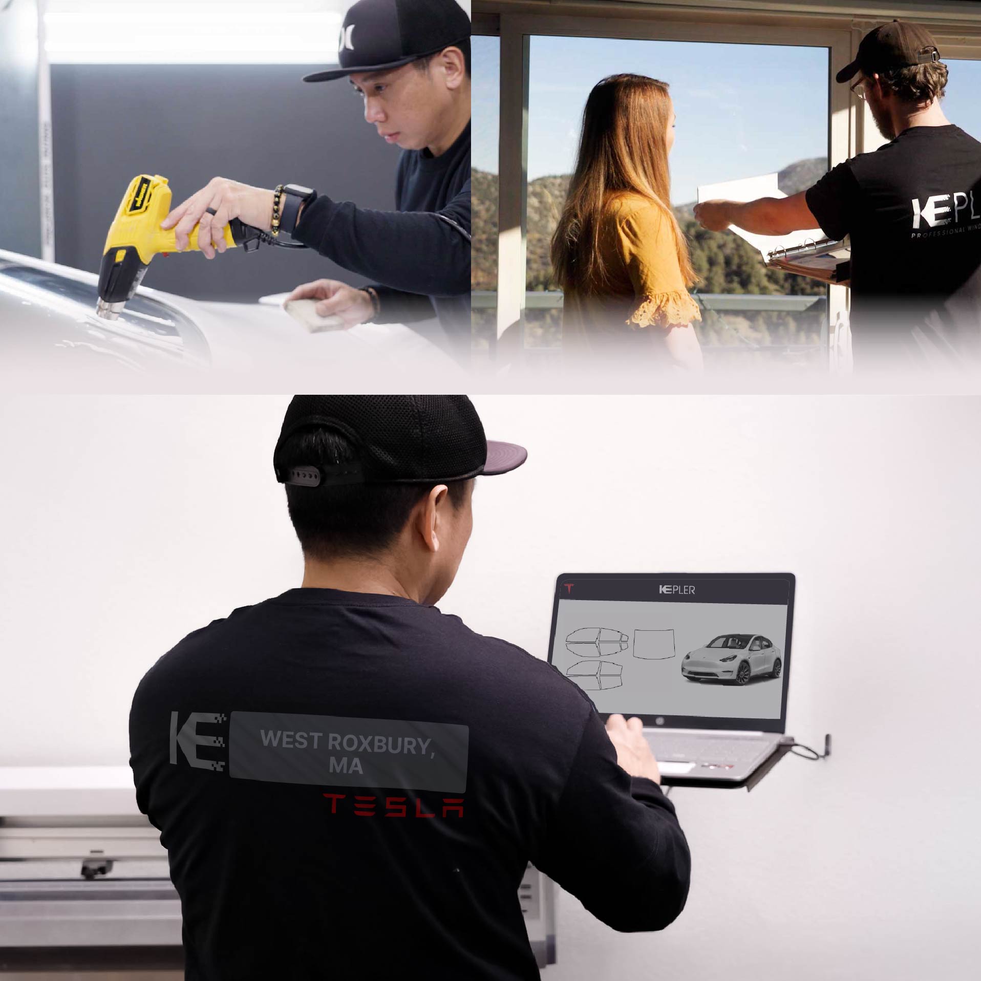 Kepler Technician Applying Ceramic Window Tint to Tesla in West Roxbury