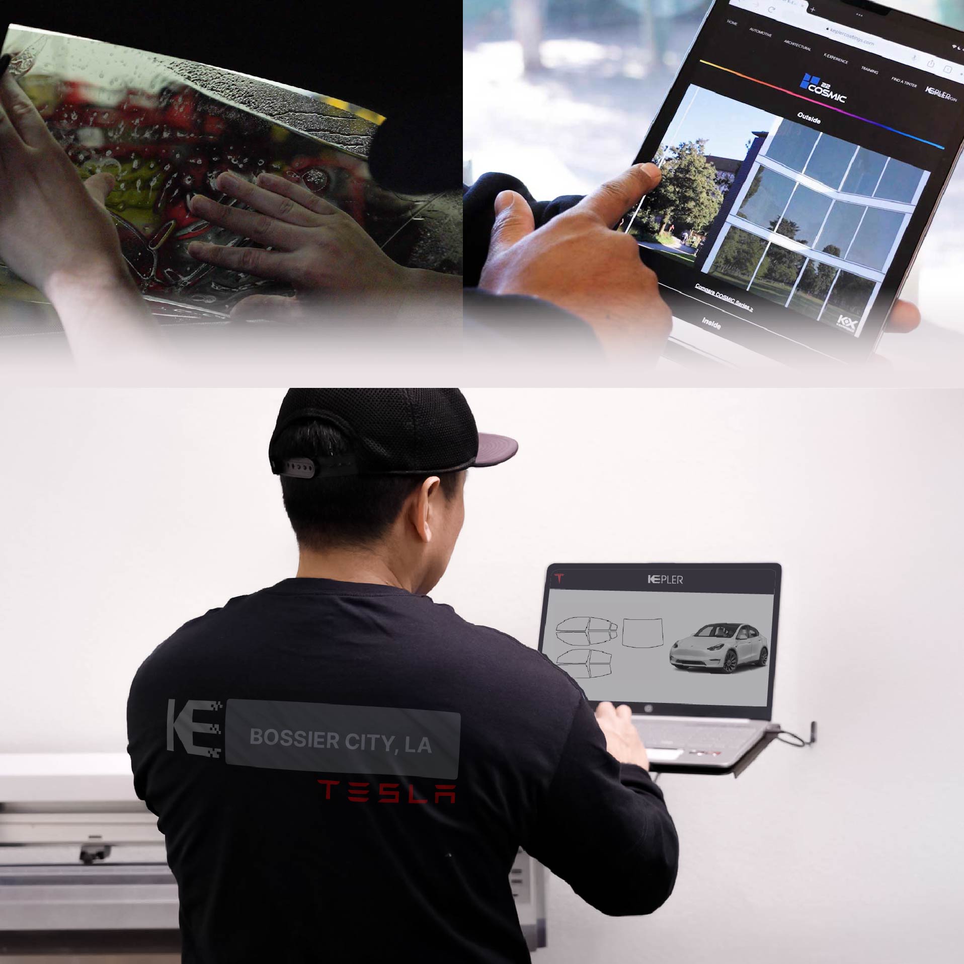 Expert Technician Installing Advanced Window Tint to Tesla in Bossier City