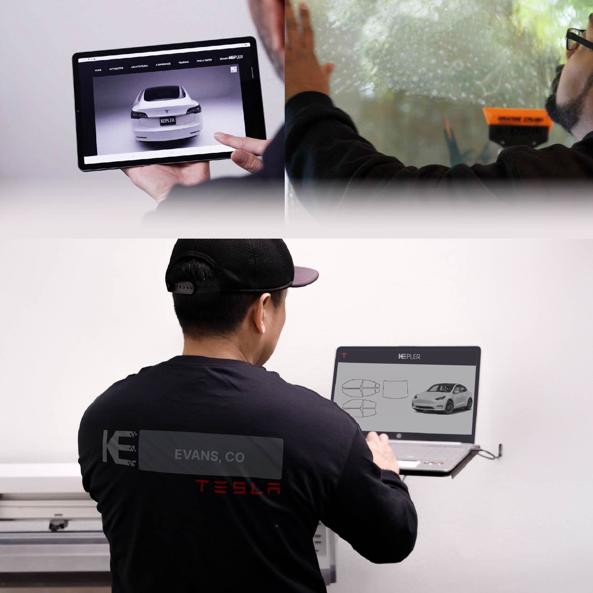 Kepler Technician Installing Ceramic Window Tint to Tesla in Evans