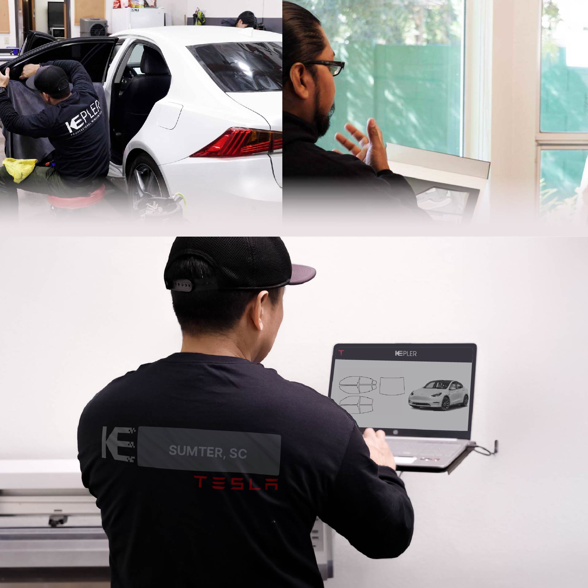 Kepler Technician Fitting High-tech Window Tint to Tesla in Sumter