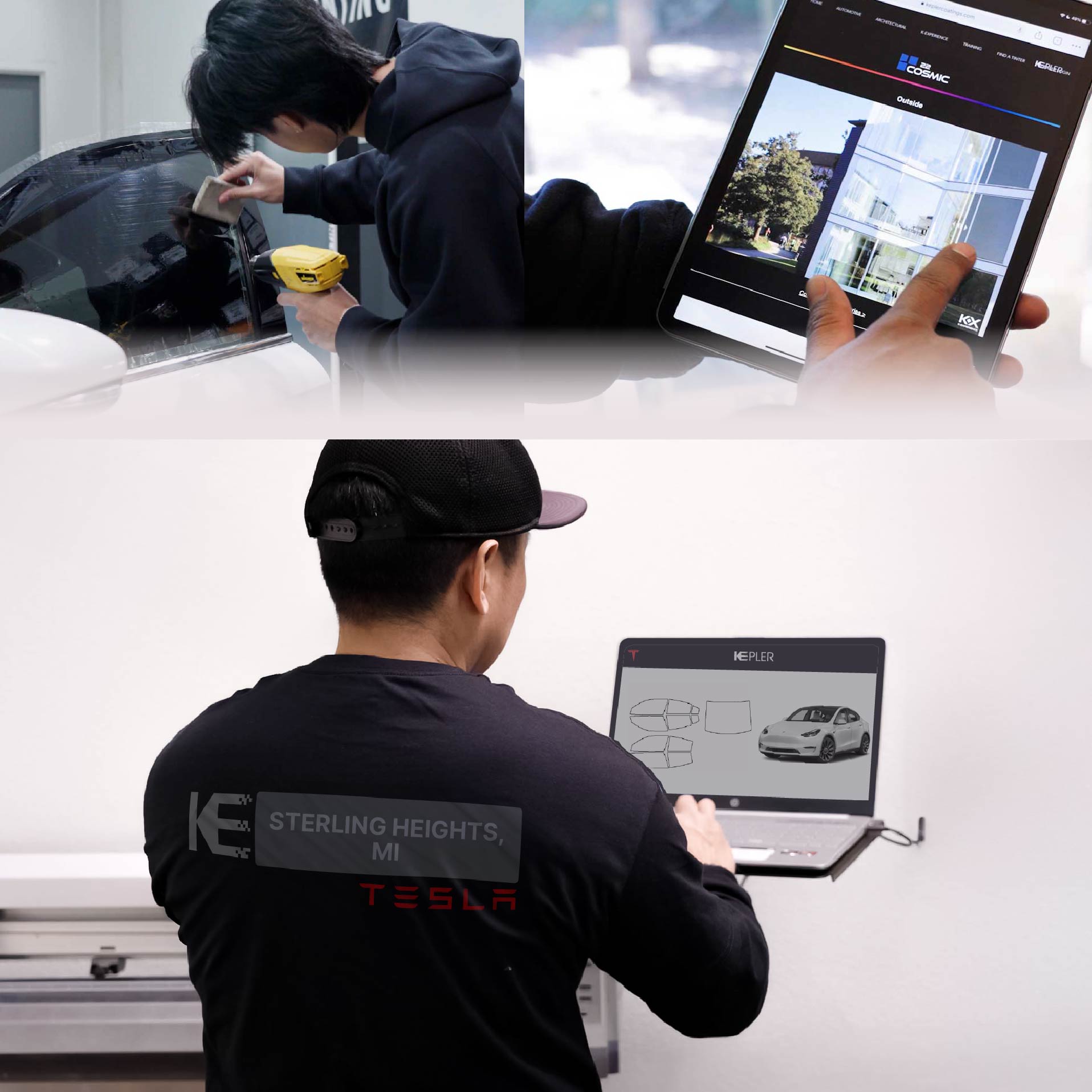 Kepler Technician Applying Advanced Window Tint to Tesla in Sterling Heights