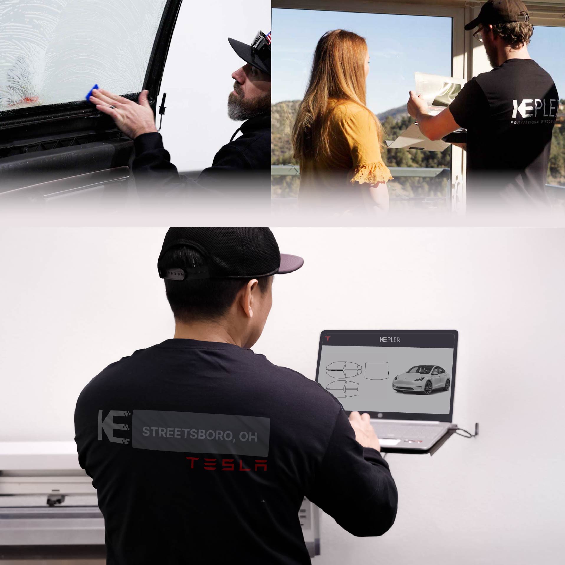 Kepler Technician Fitting Ceramic Window Tint to Tesla in Streetsboro