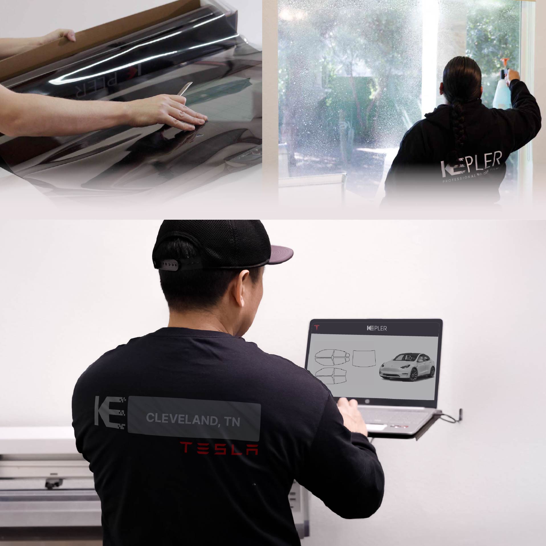 Expert Technician Applying Ceramic Window Tint to Tesla in Cleveland