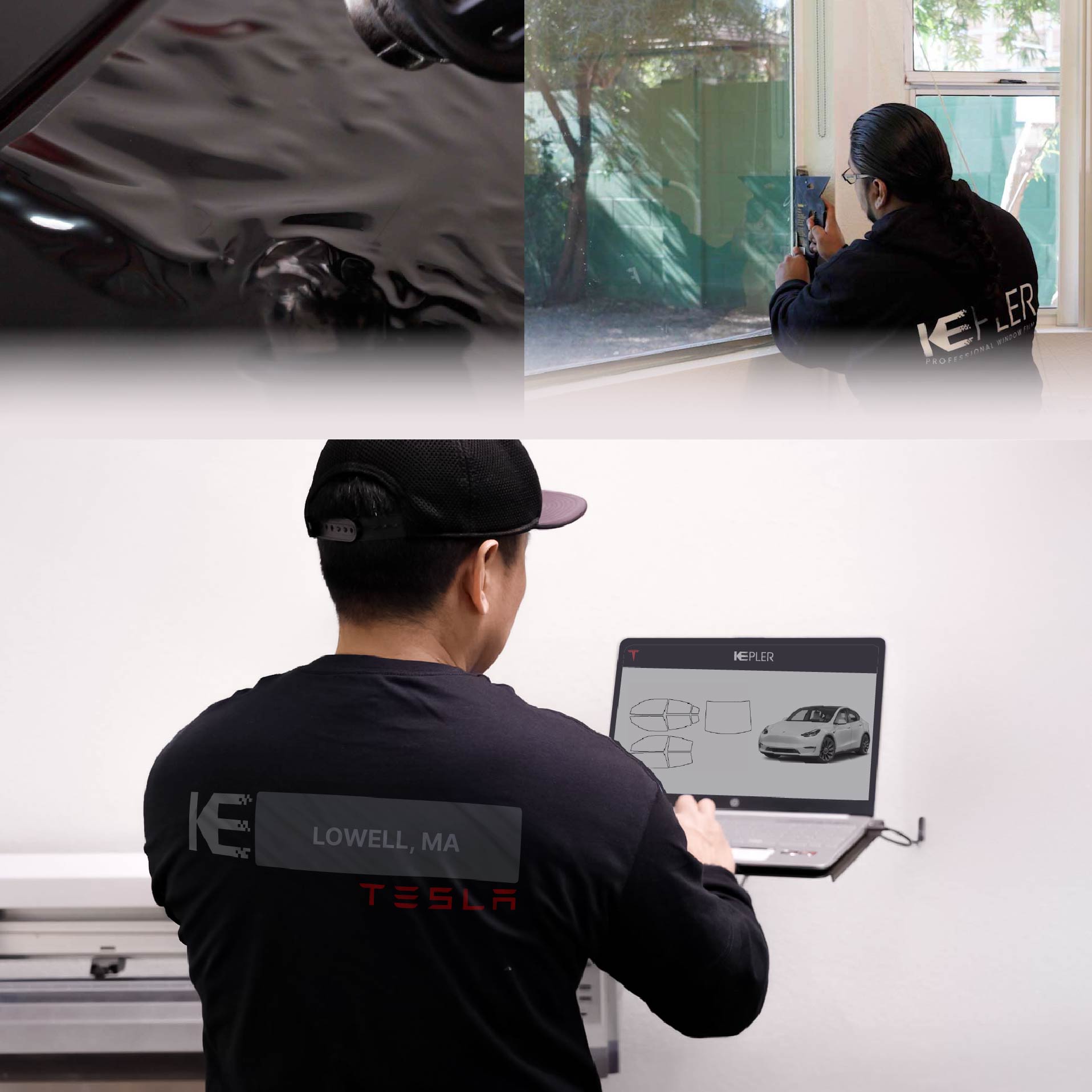 Kepler Technician Applying Advanced Window Tint to Tesla in Lowell