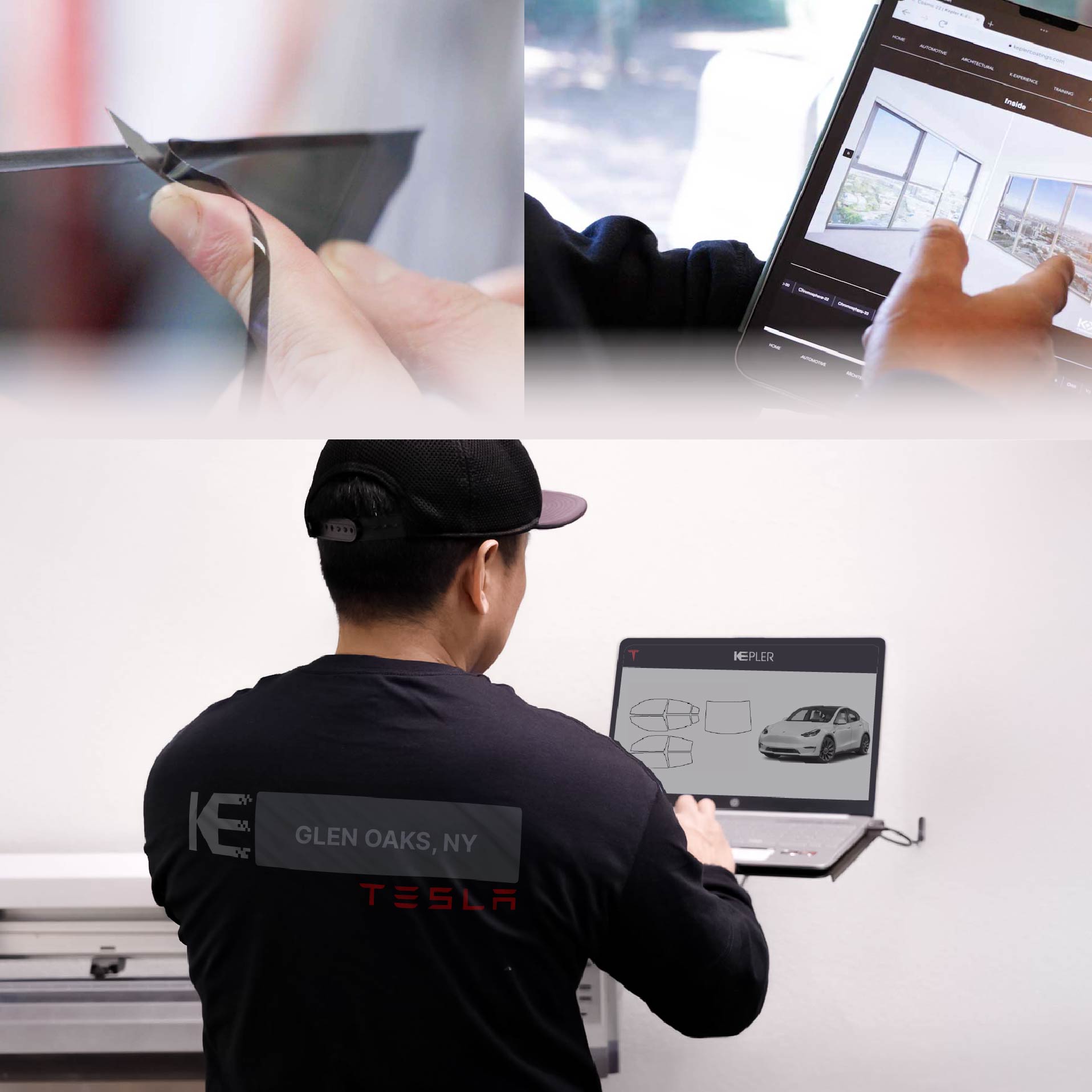 Expert Technician Fitting Advanced Window Tint to Tesla in Glen Oaks