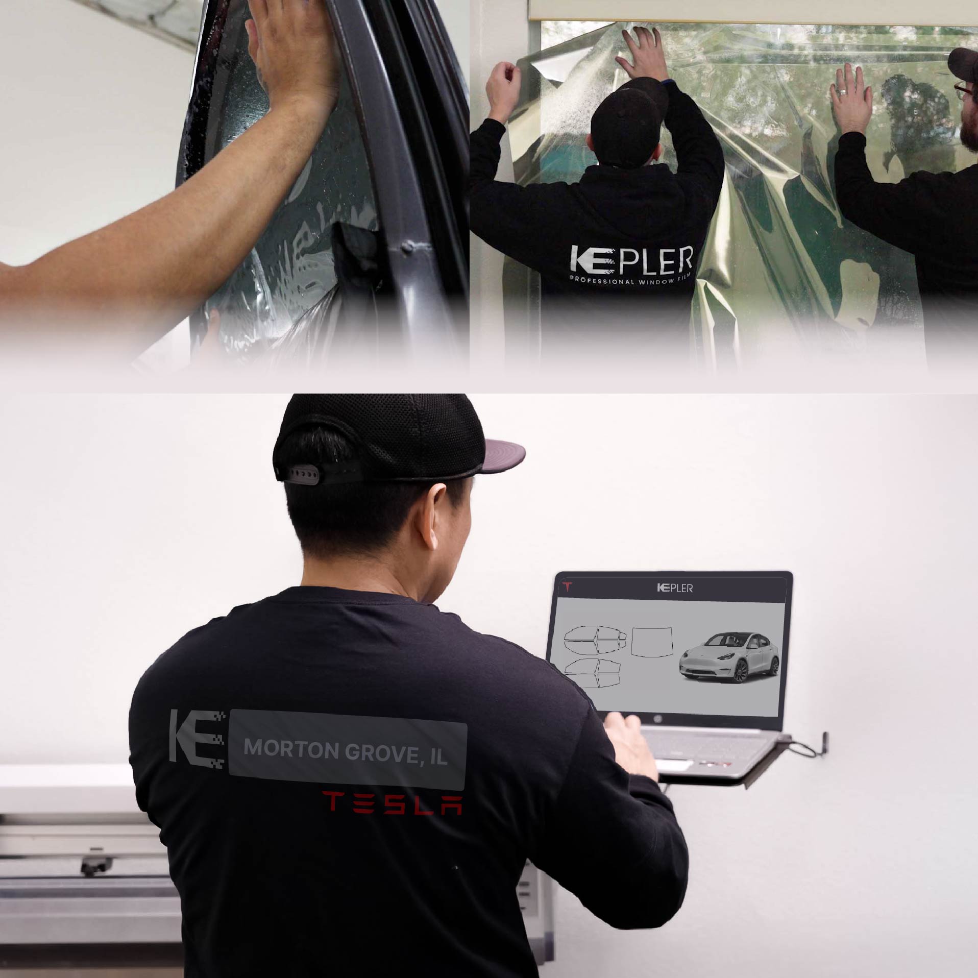 Expert Technician Fitting Ceramic Window Tint to Tesla in Morton Grove