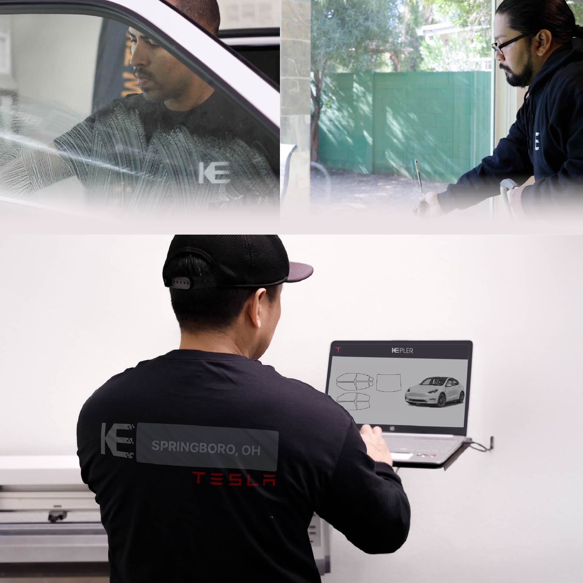 Kepler Technician Fitting Ceramic Window Tint to Tesla in Springboro