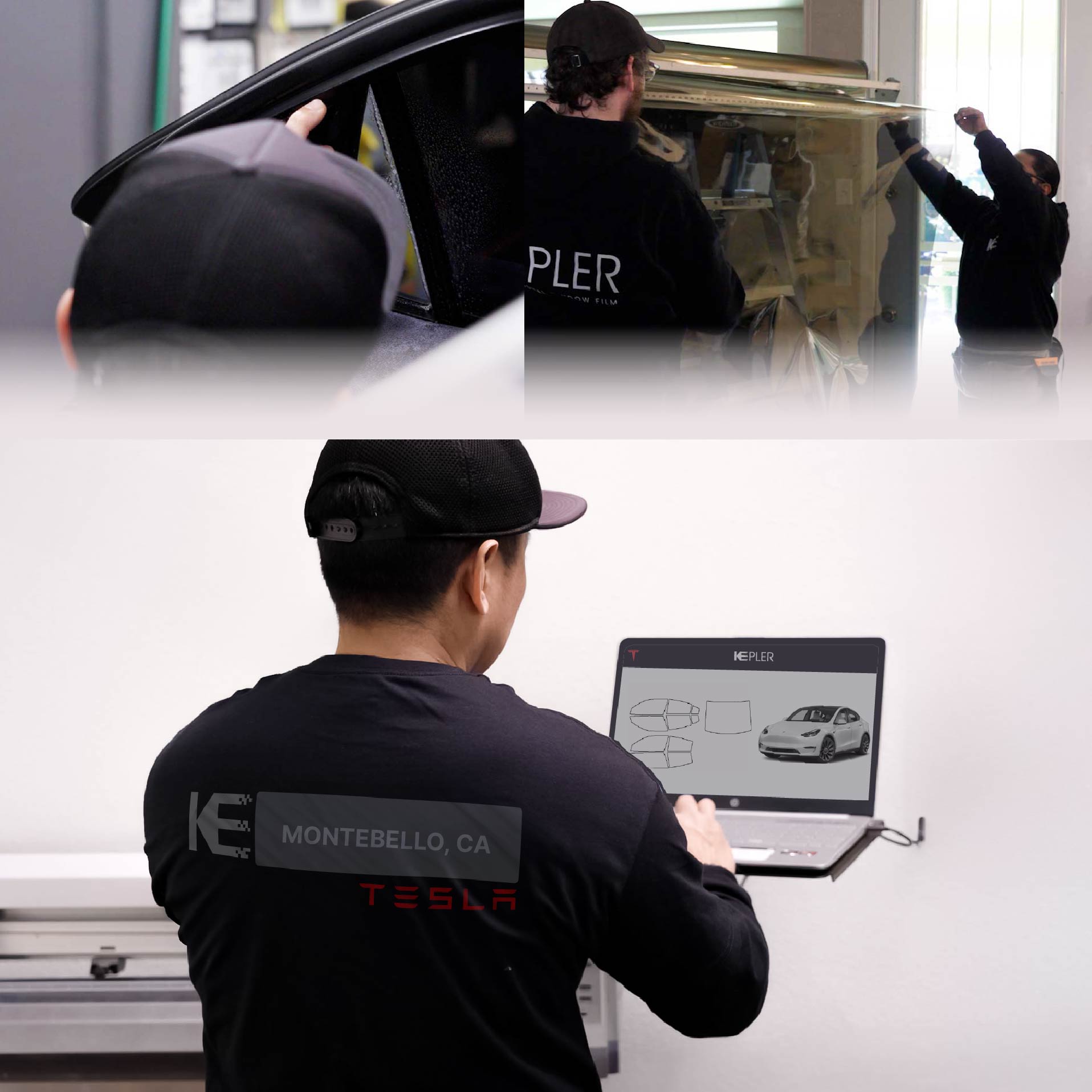 Expert Technician Applying High-tech Window Tint to Tesla in Montebello