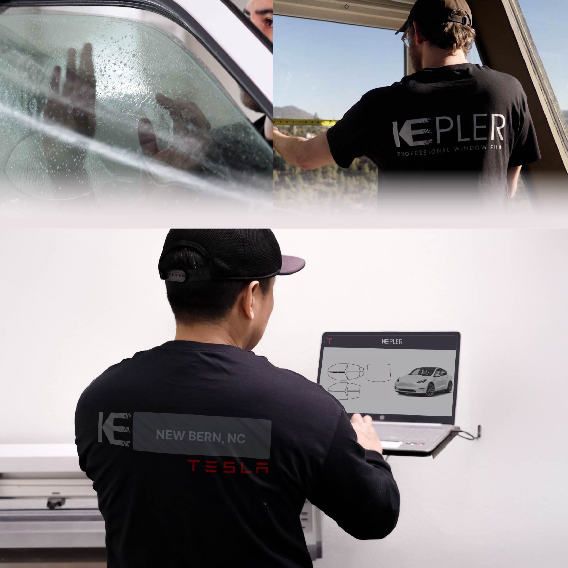 Expert Technician Fitting High-tech Window Tint to Tesla in New Bern