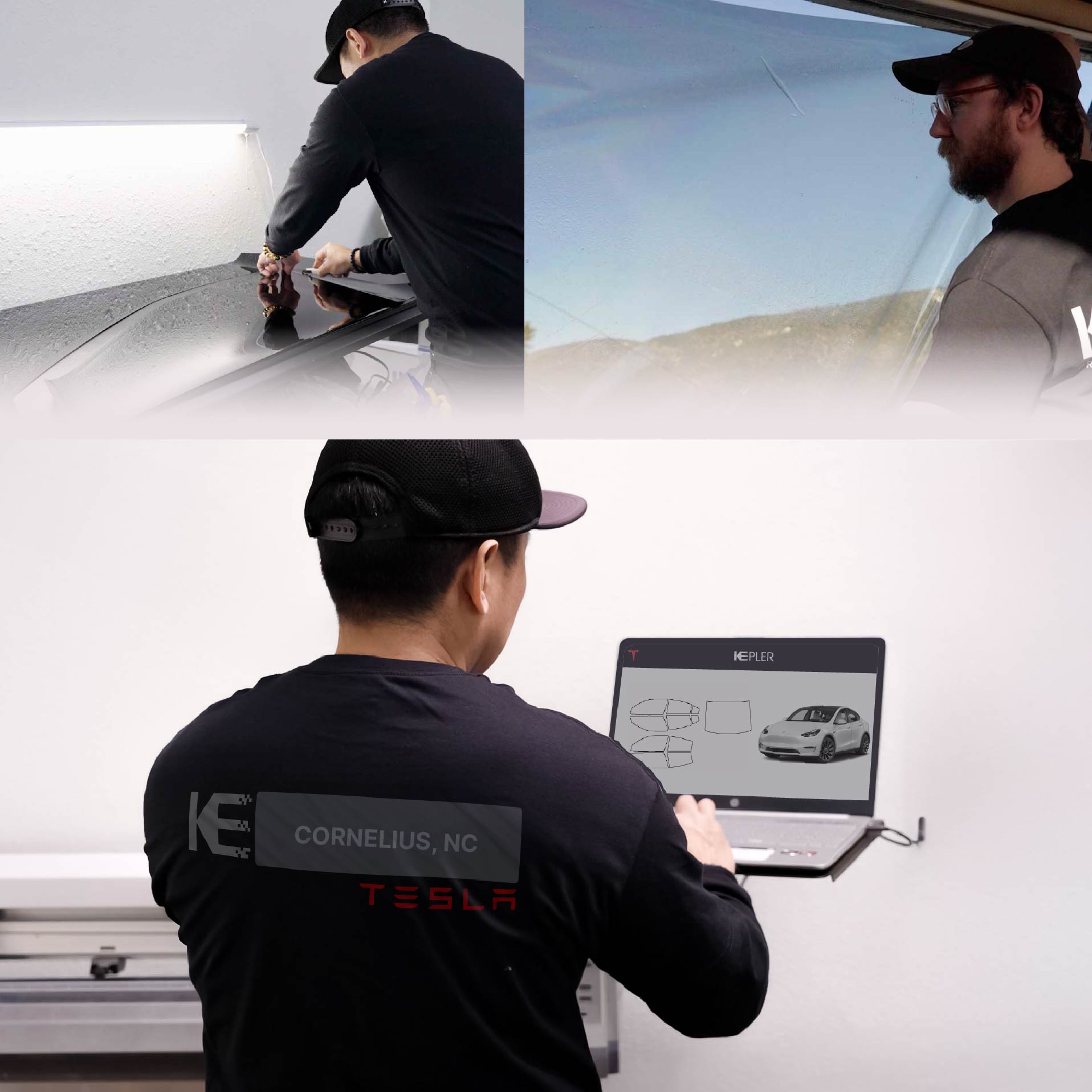 Expert Technician Installing Advanced Window Tint to Tesla in Cornelius