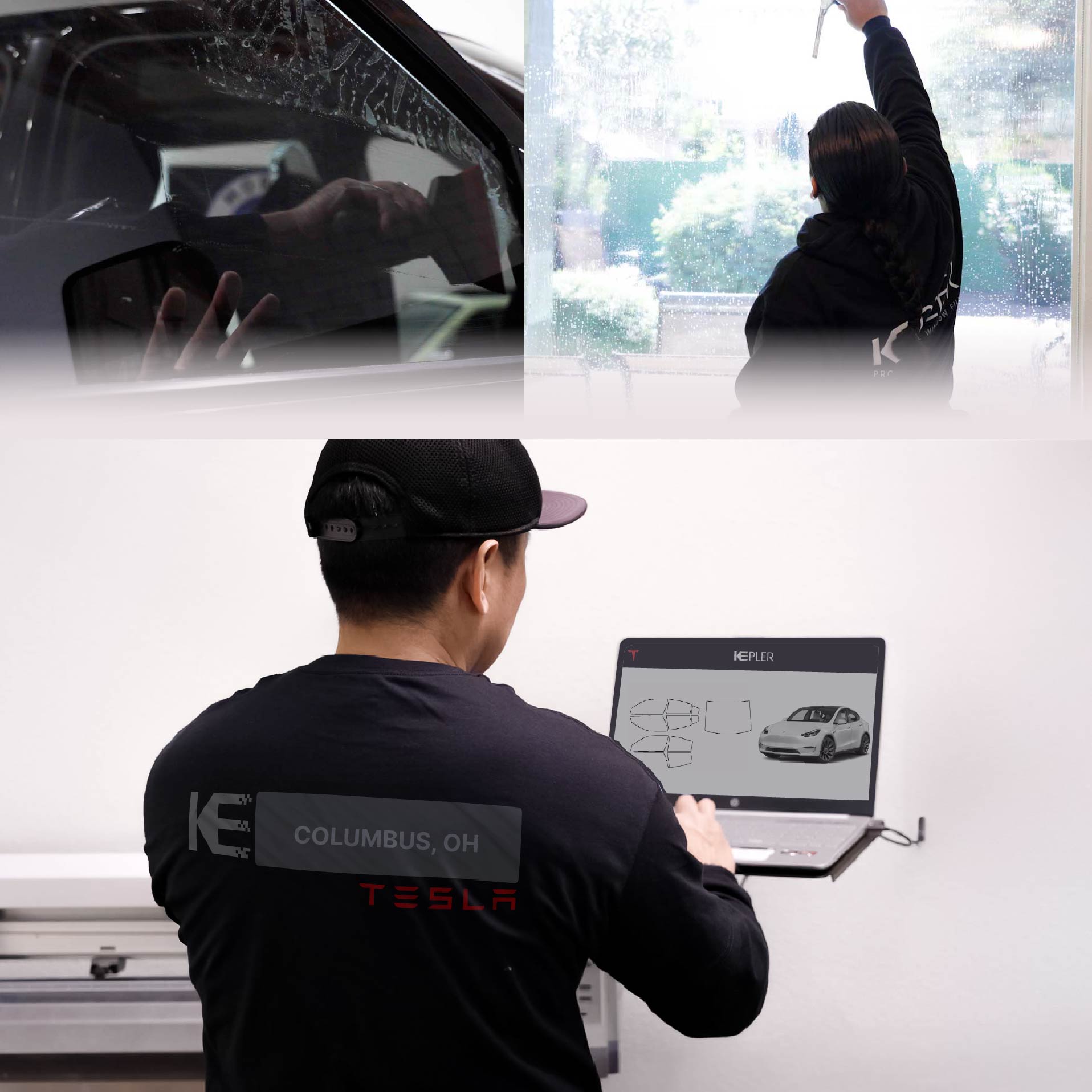 Expert Technician Applying High-tech Window Tint to Tesla in Columbus