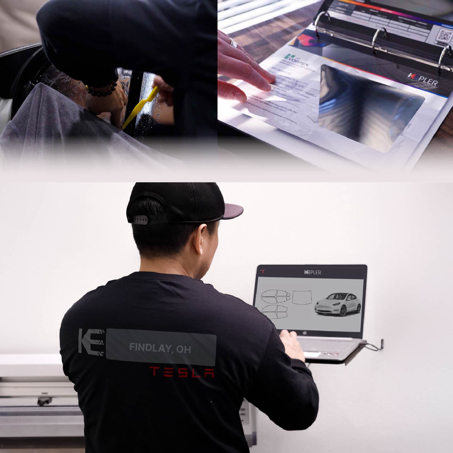 Expert Technician Applying High-tech Window Tint to Tesla in Findlay