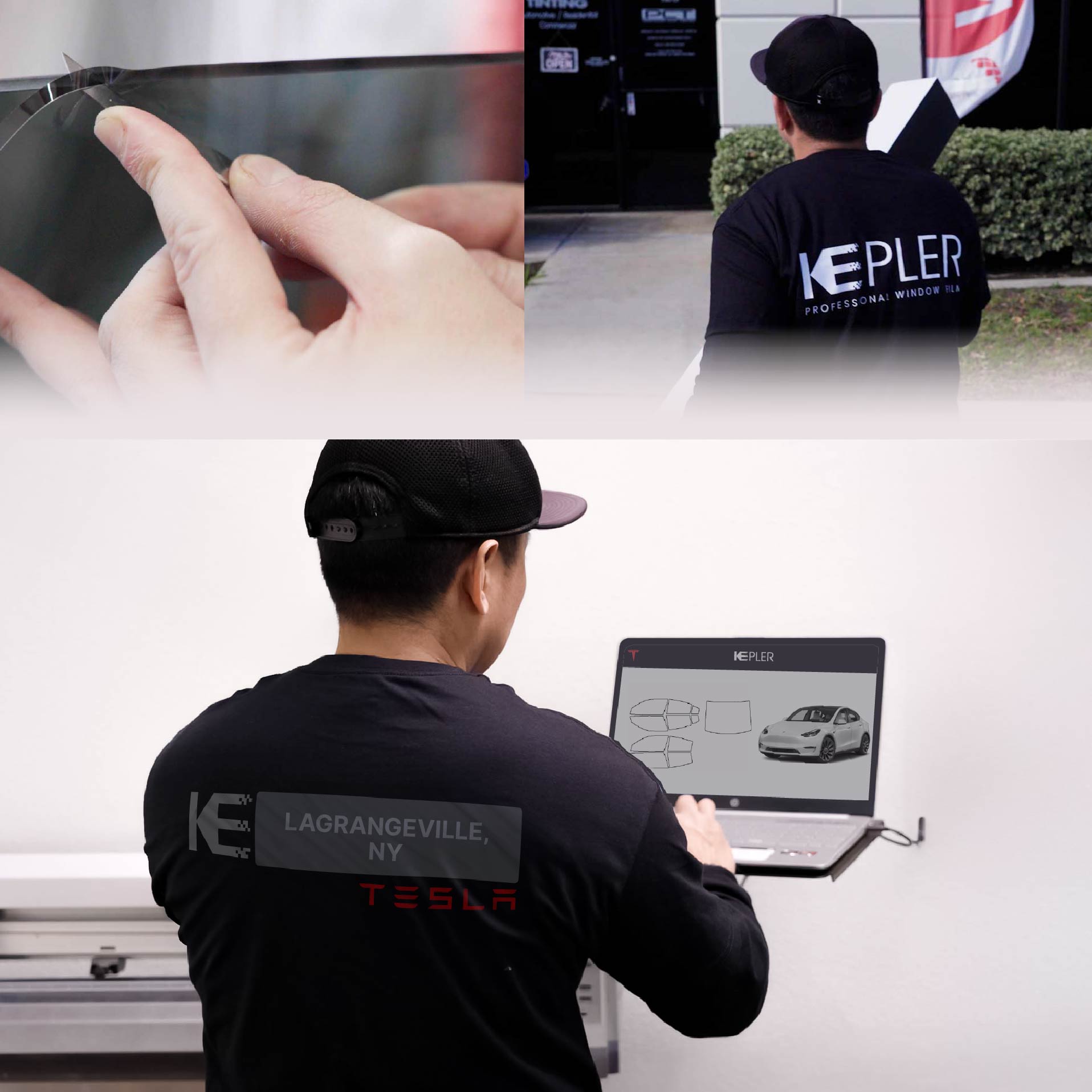 Kepler Technician Applying Advanced Window Tint to Tesla in Lagrangeville
