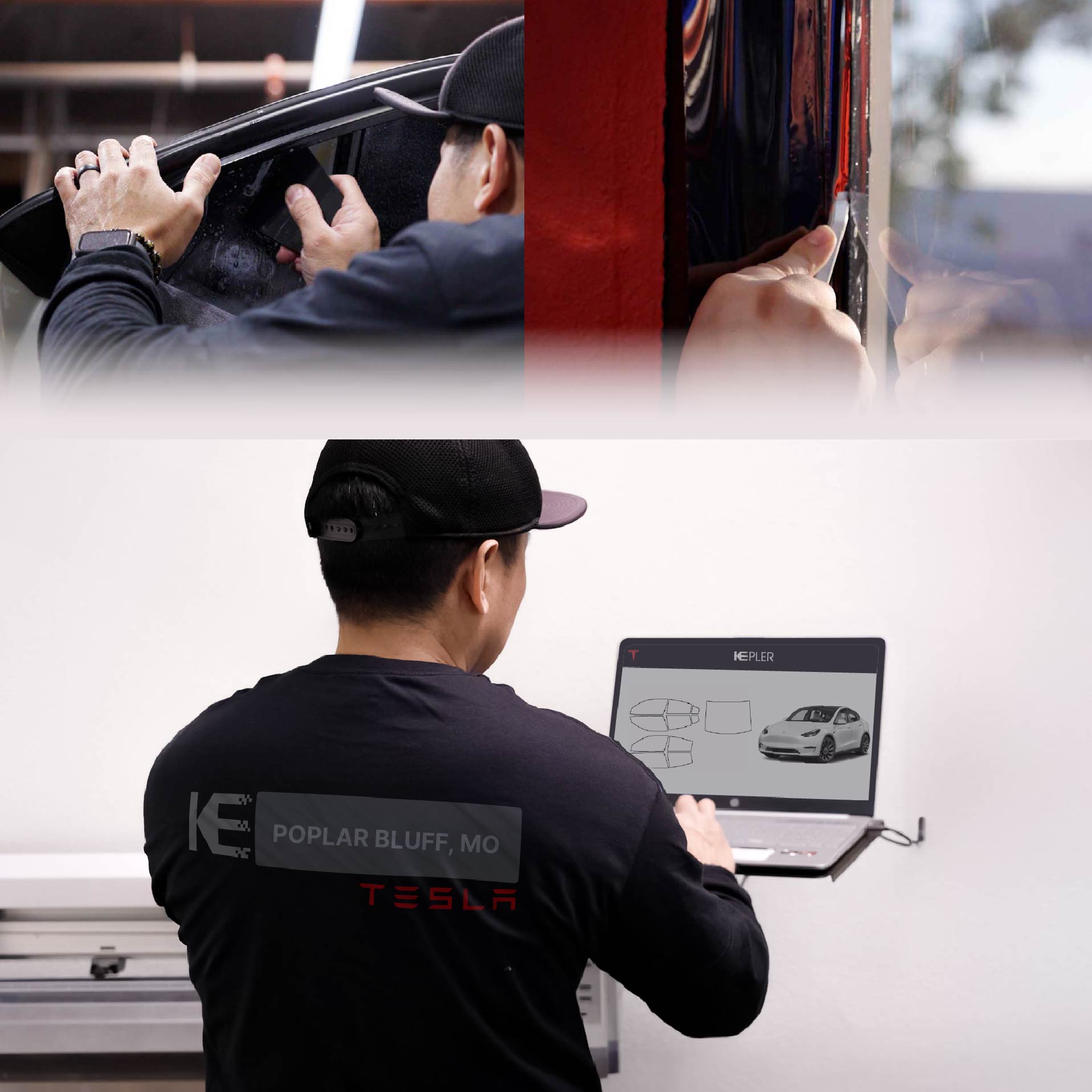 Kepler Technician Applying Ceramic Window Tint to Tesla in Poplar Bluff