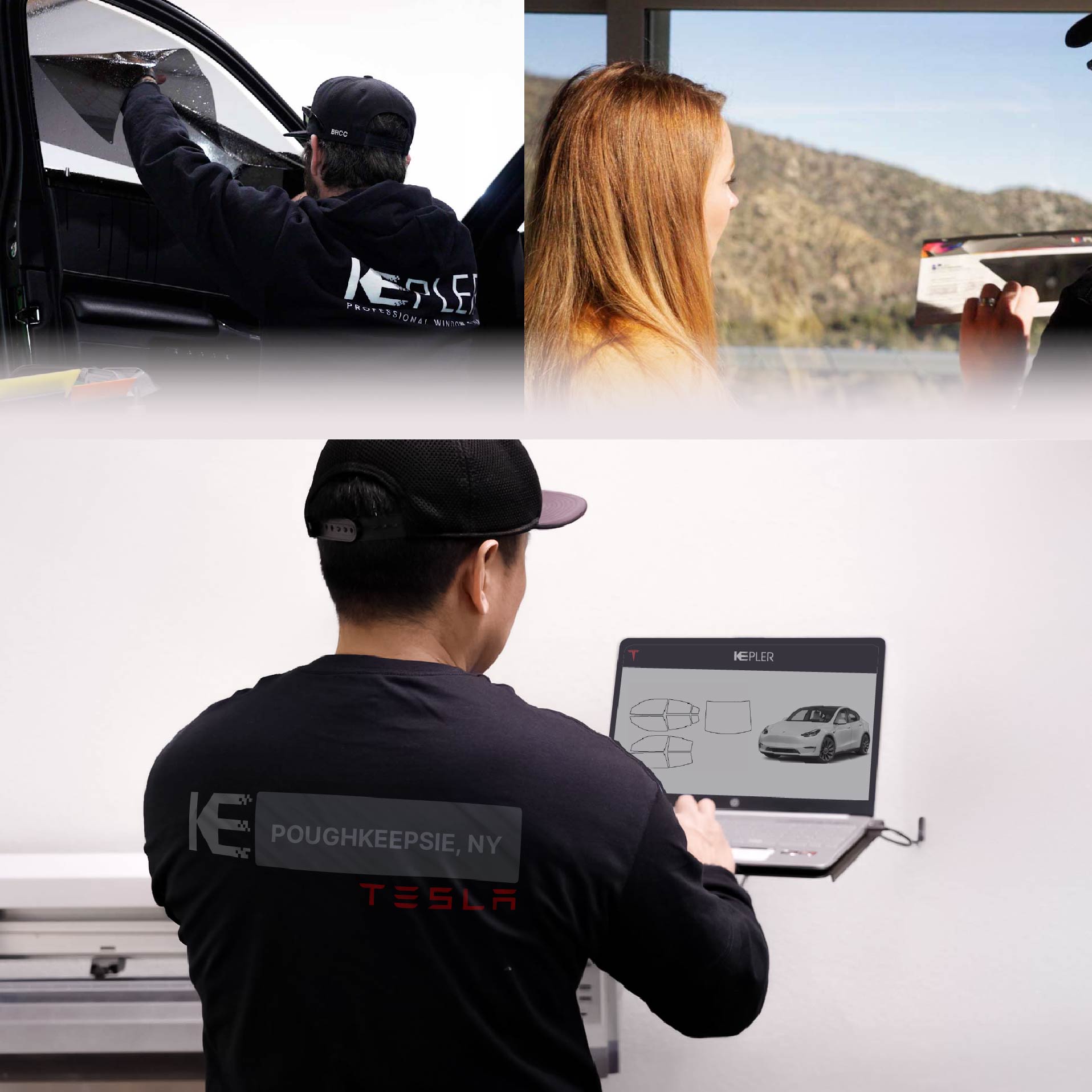 Kepler Technician Fitting Advanced Window Tint to Tesla in Poughkeepsie