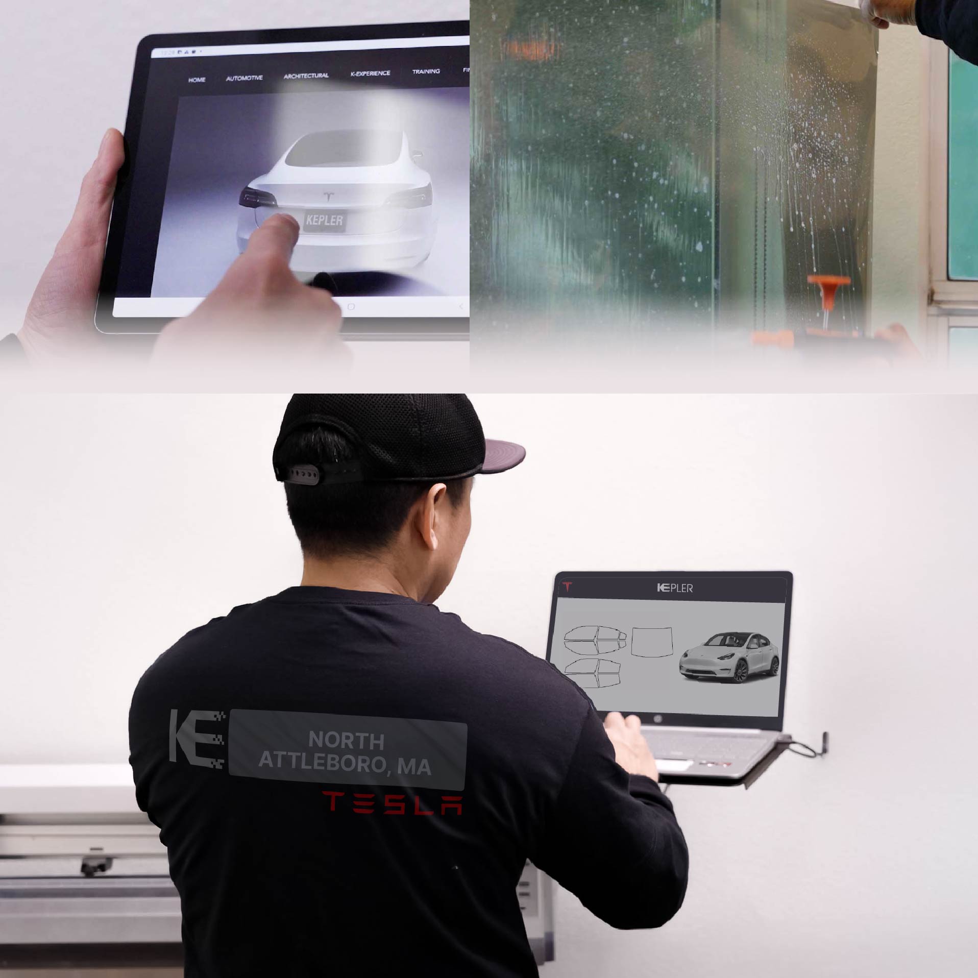 Expert Technician Applying Advanced Window Tint to Tesla in North Attleboro