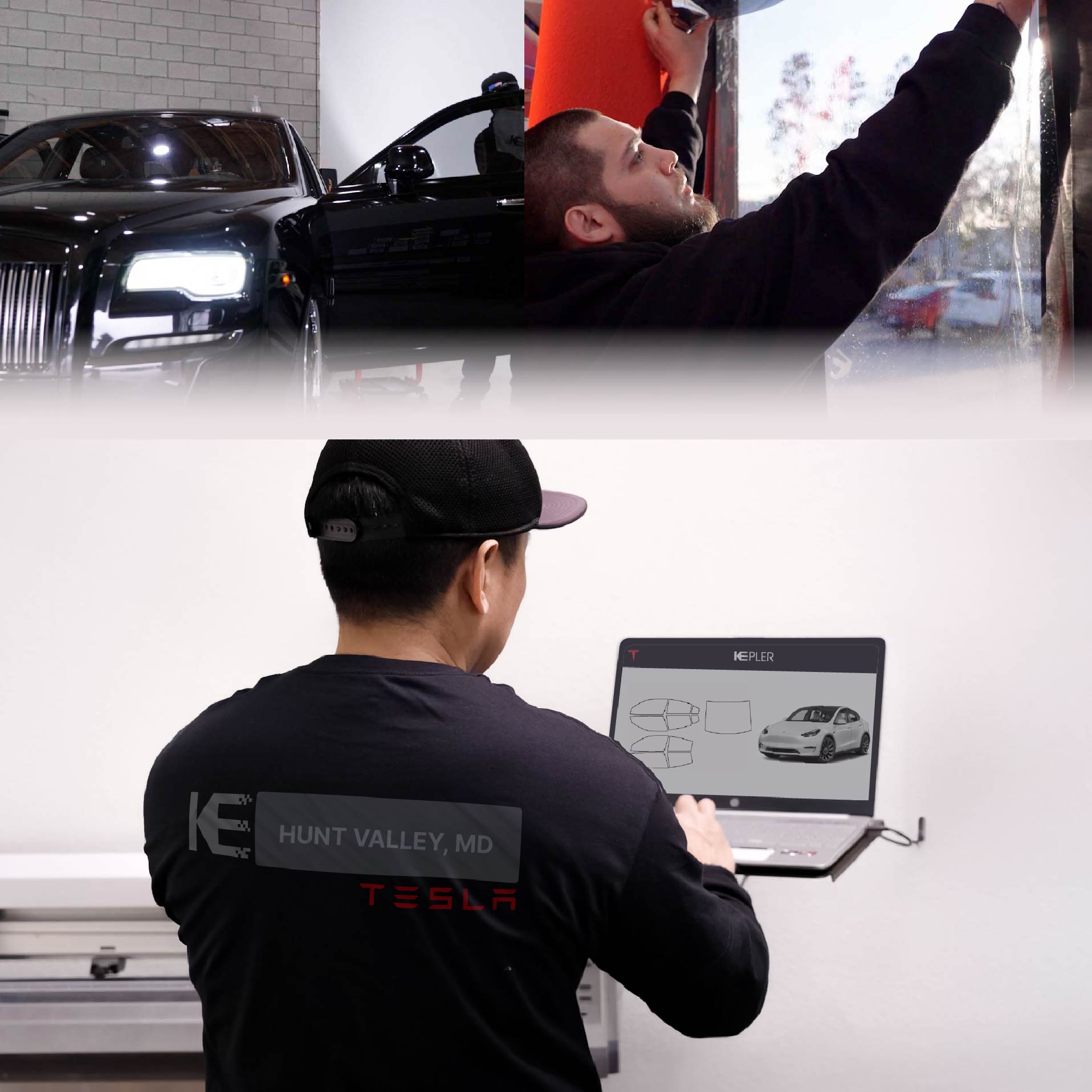 Kepler Technician Applying High-tech Window Tint to Tesla in Hunt Valley